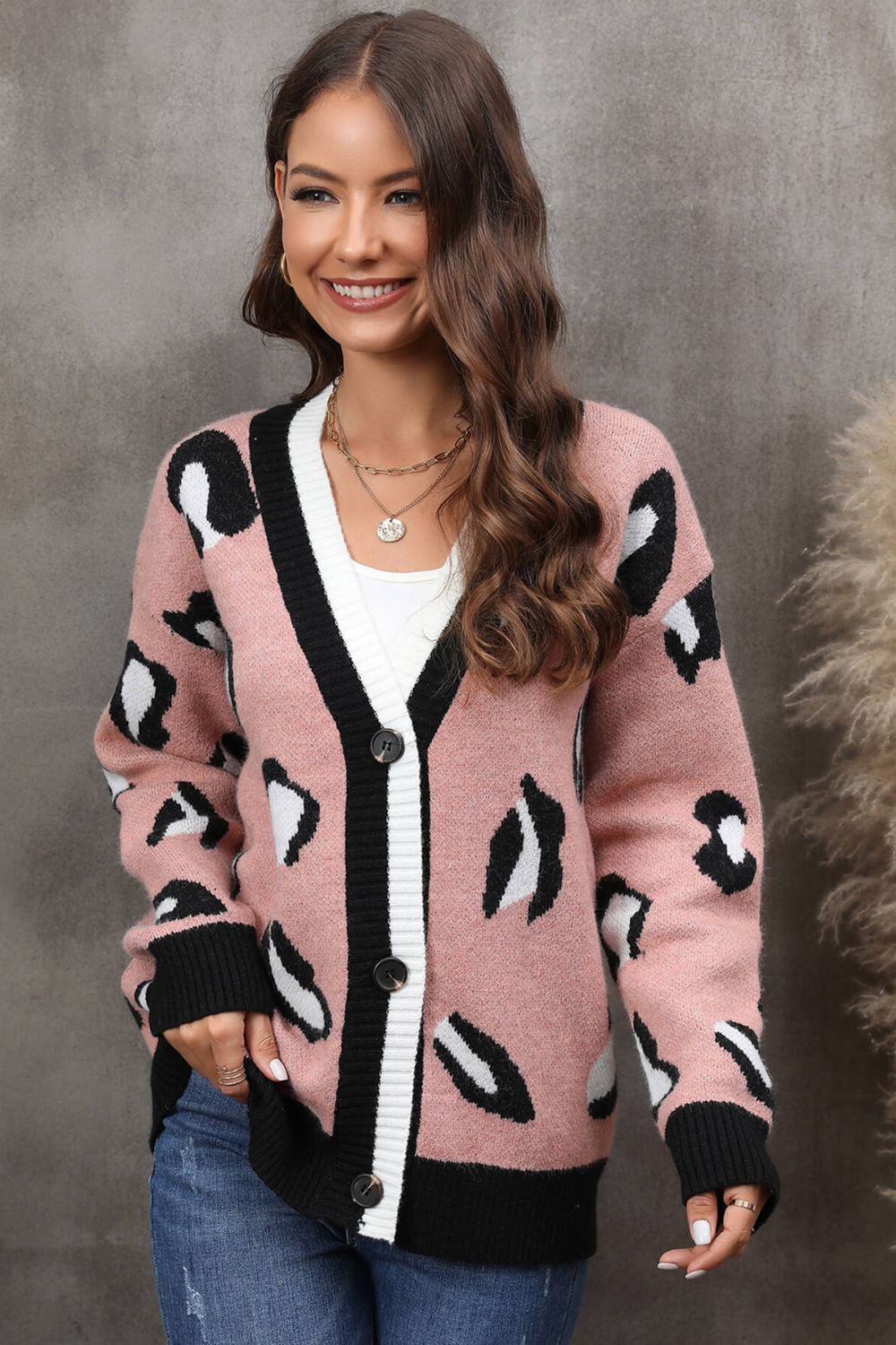 Leopard Ribbed Trim Drop Shoulder Cardigan