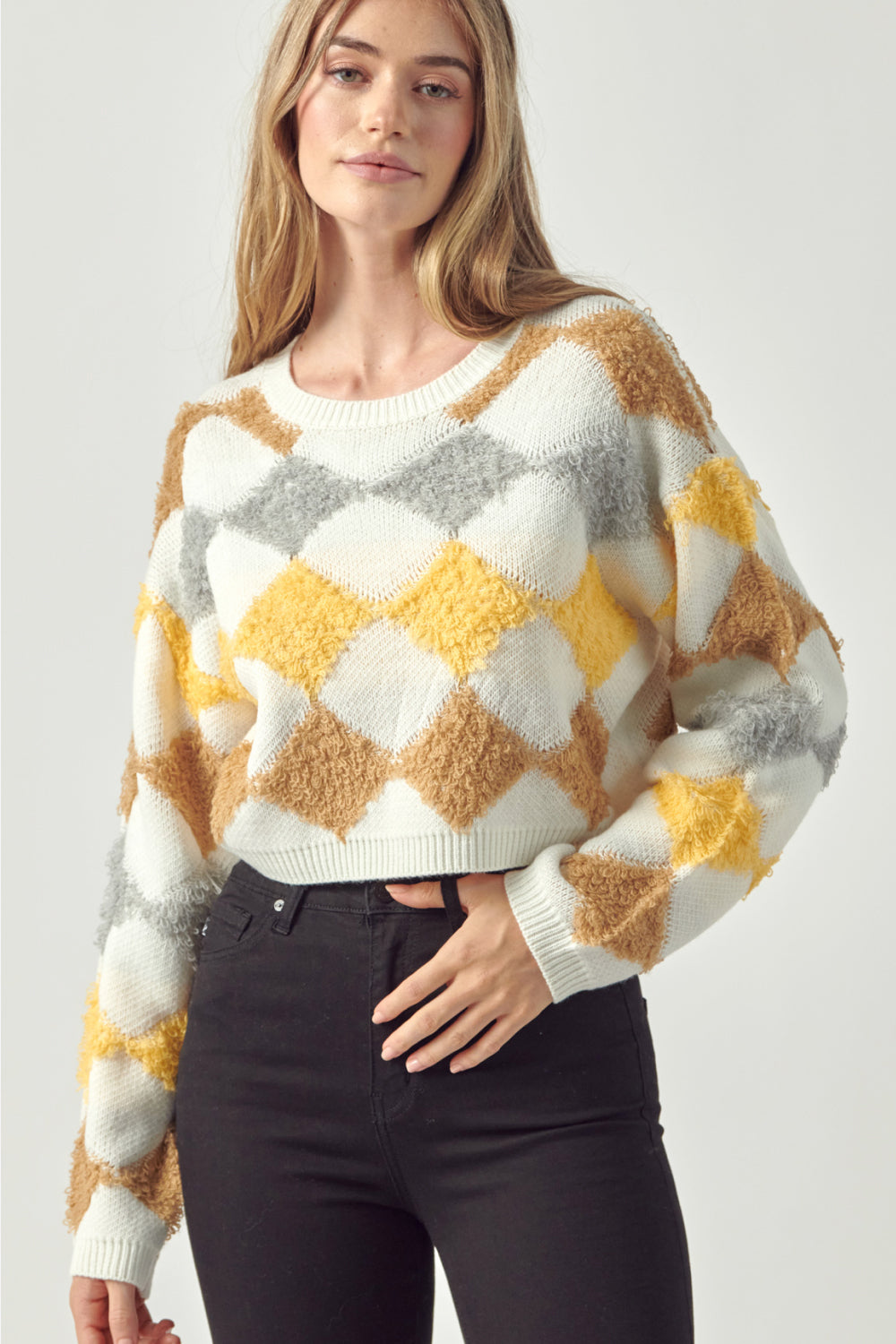 Petal Dew Argyle Round Neck Cropped Sweater