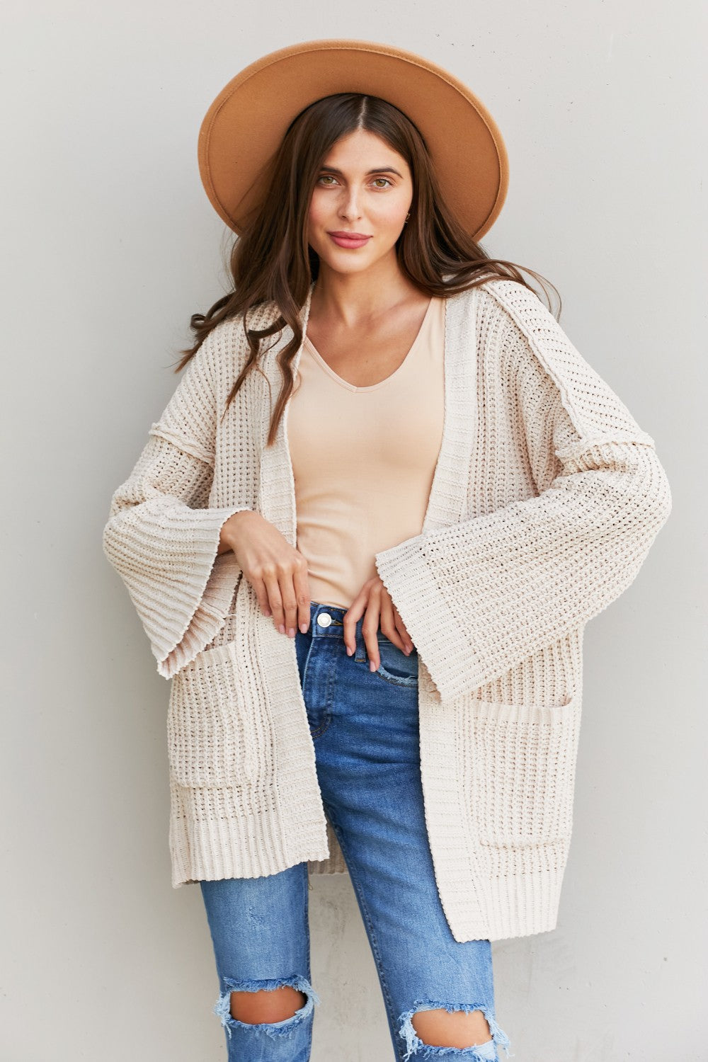 Very J Exposed Seam Flare Sleeve Open Front Cardigan