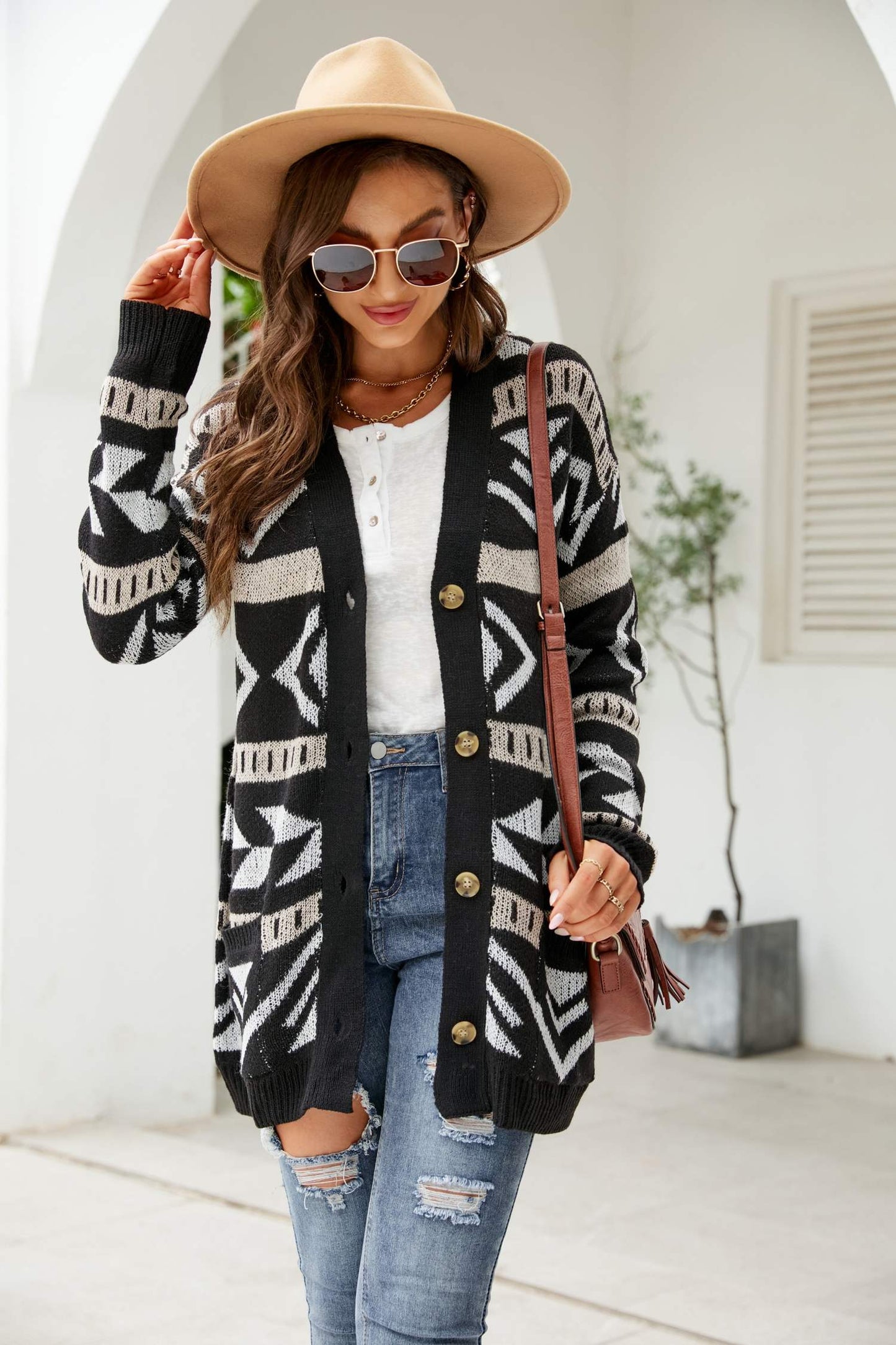 Printed Dropped Shoulder Ribbed Trim Cardigan