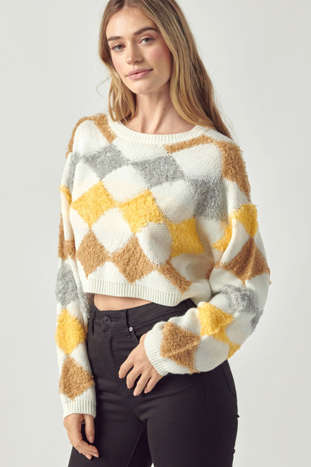 Petal Dew Argyle Round Neck Cropped Sweater