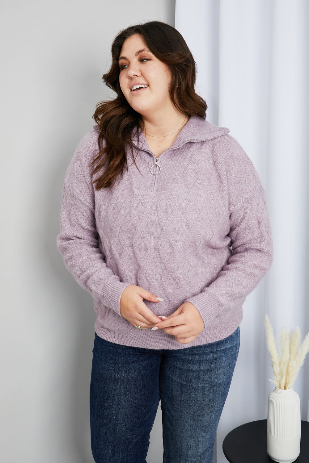 ee:some Quarter-Zip Collared Drop Shoulder Sweater