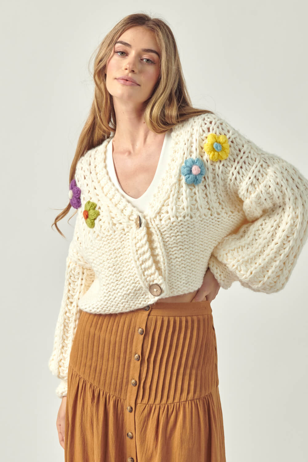 Petal Dew Flower Detail Button Front V-Neck Cardigan