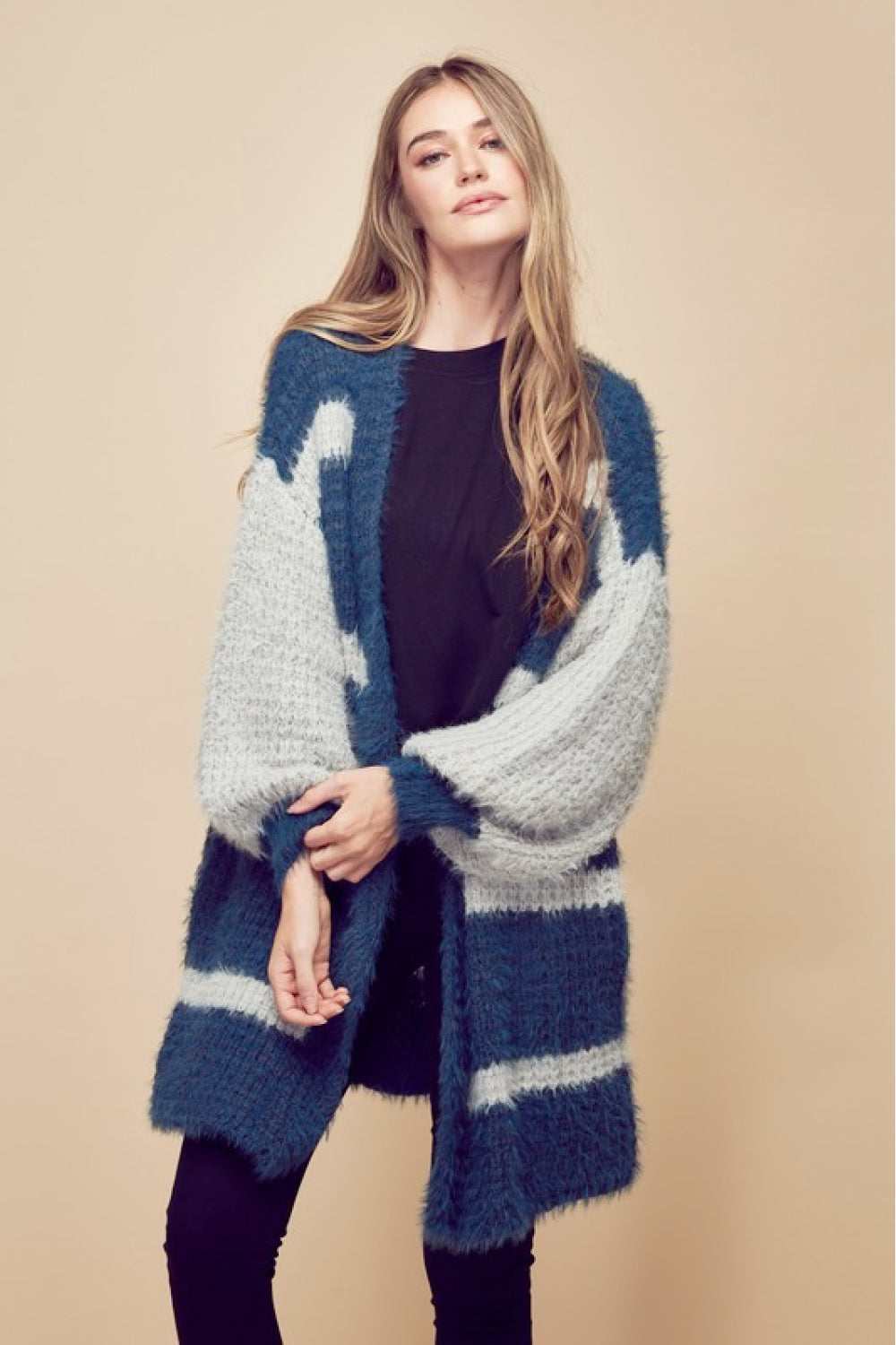 Petal Dew Striped Balloon Sleeve Open Front Fluffy Cardigan