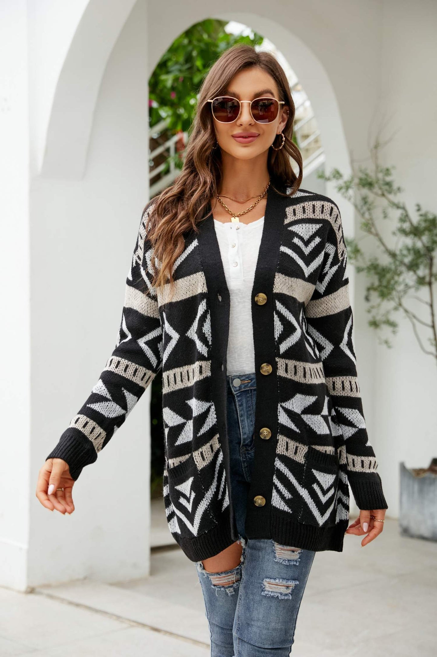 Printed Dropped Shoulder Ribbed Trim Cardigan