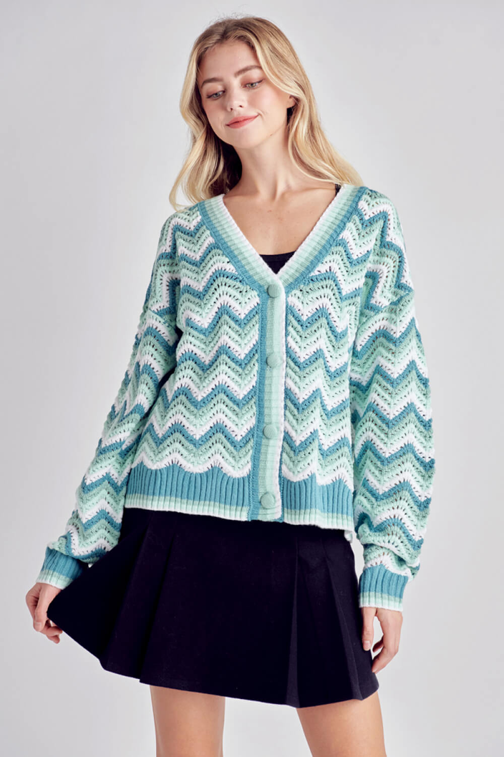 Petal Dew Chevron Openwork Button-Up Cardigan