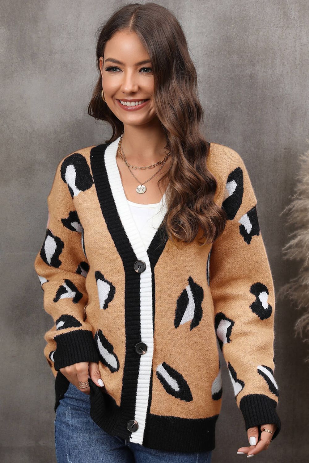 Leopard Ribbed Trim Drop Shoulder Cardigan