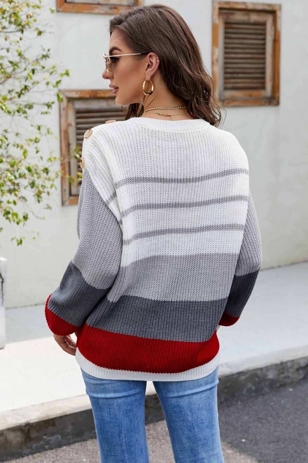Striped Buttoned Raglan Sleeve Round Neck Sweater