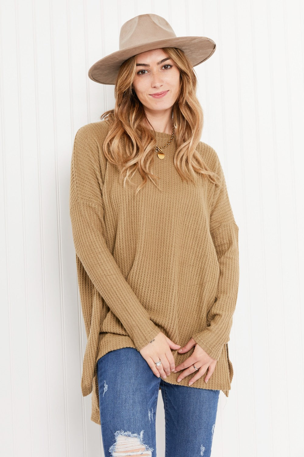 Zenana Cottage Escape Full Size Slit Waffle Knit Sweater