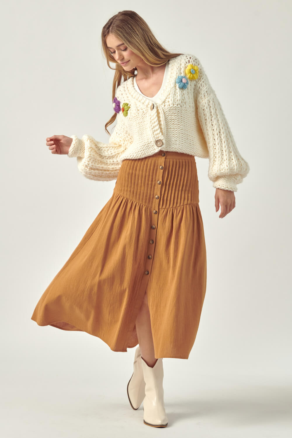 Petal Dew Flower Detail Button Front V-Neck Cardigan