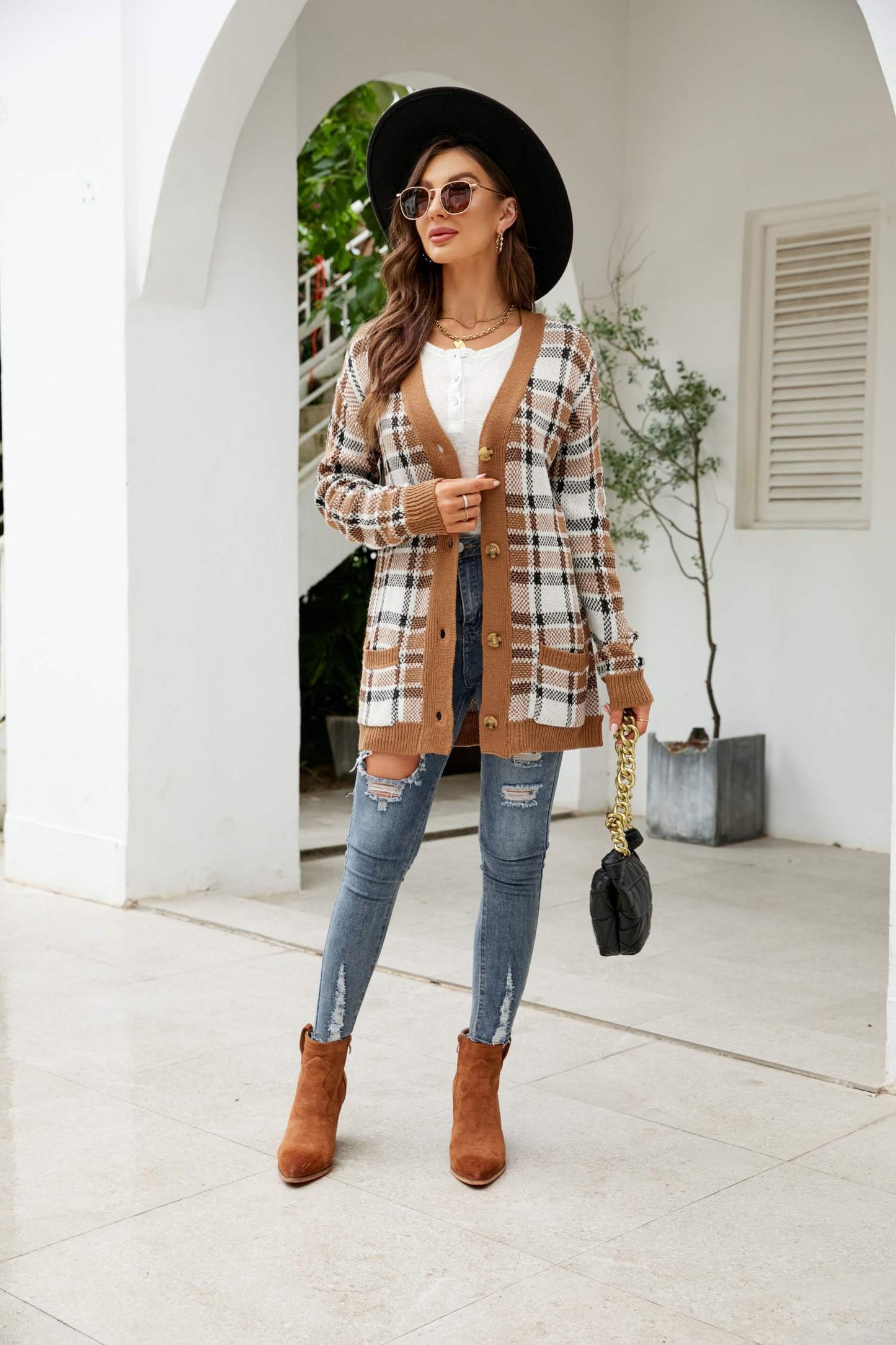 Printed Dropped Shoulder Ribbed Trim Cardigan