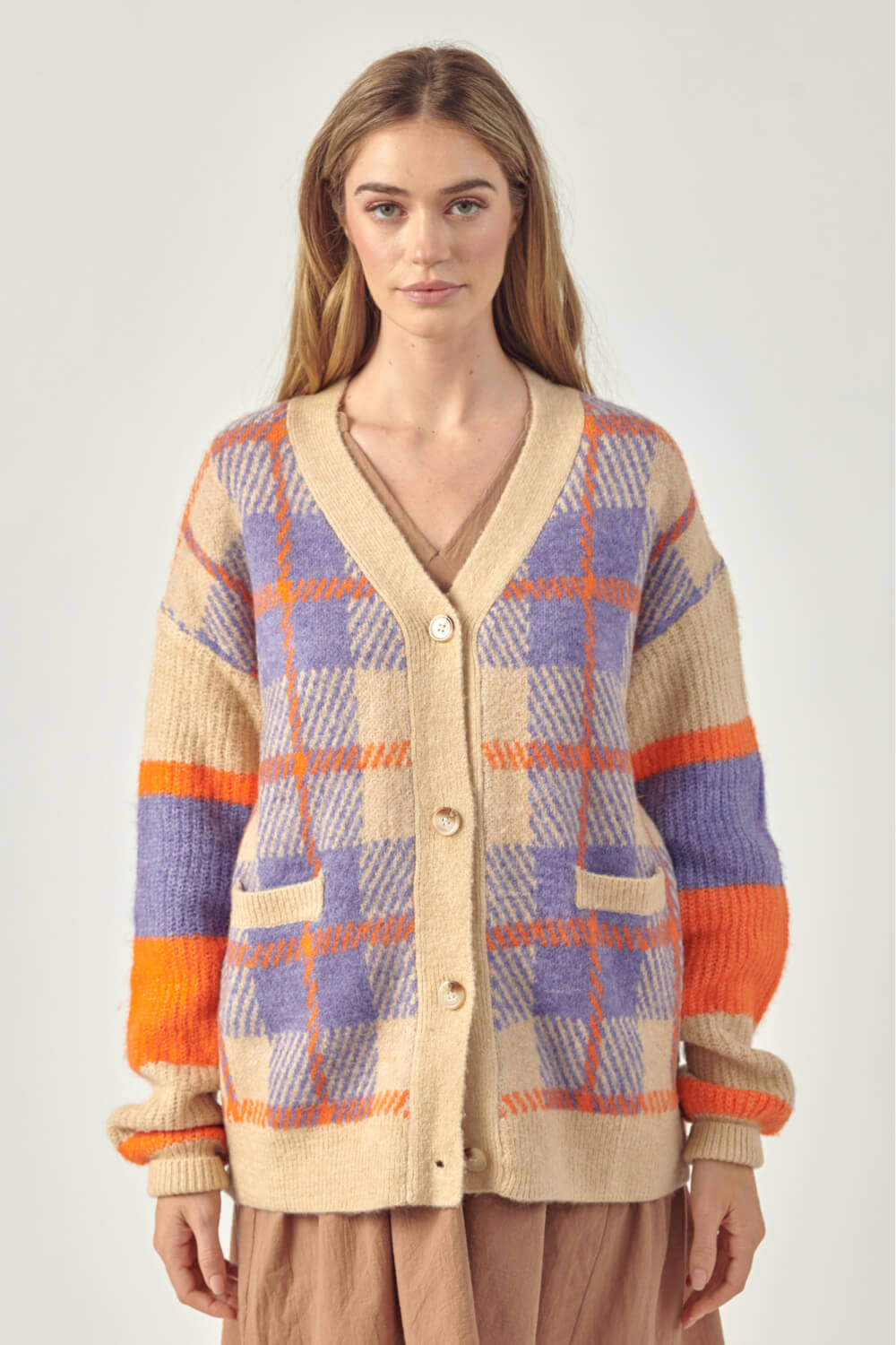 Petal Dew Plaid Button-Up Pocket Cardigan