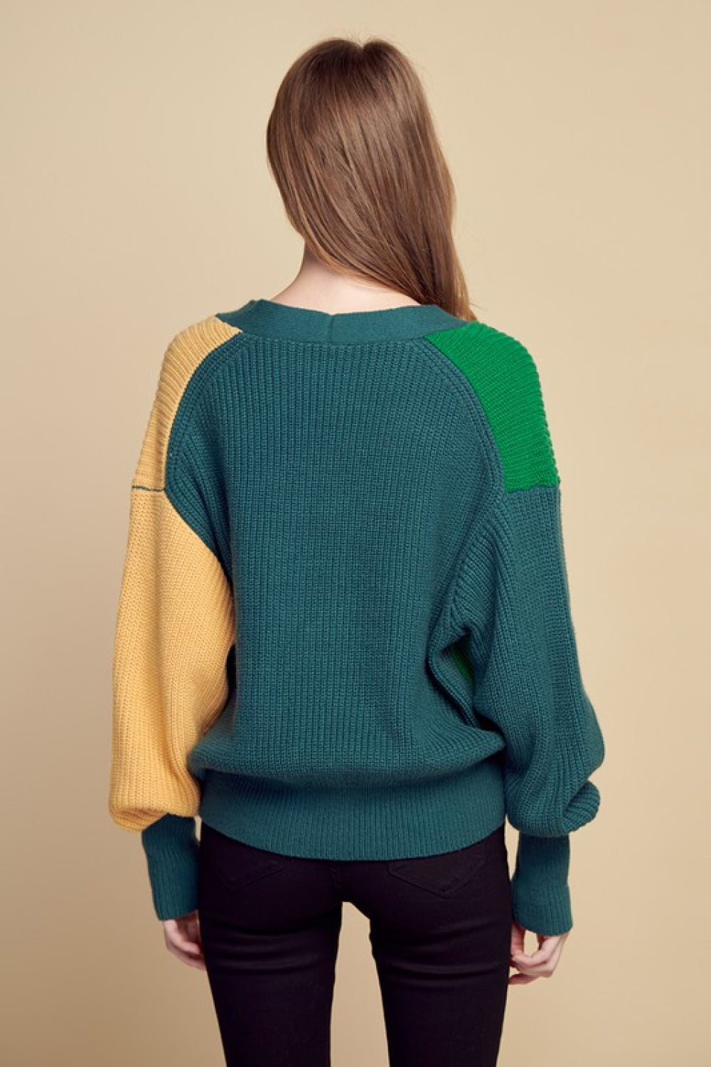 Petal Dew Color Block Ribbed Lantern Sleeve Cardigan