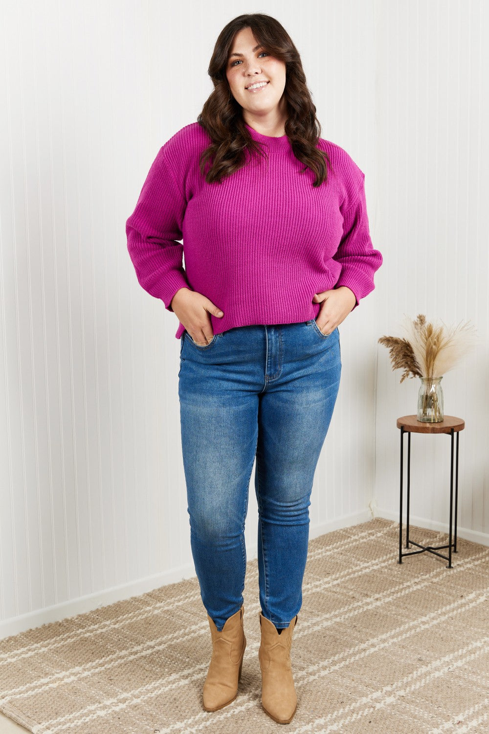 Heimish Losing Track Full Size Hem Detail Rib-Knit Sweater in Magenta