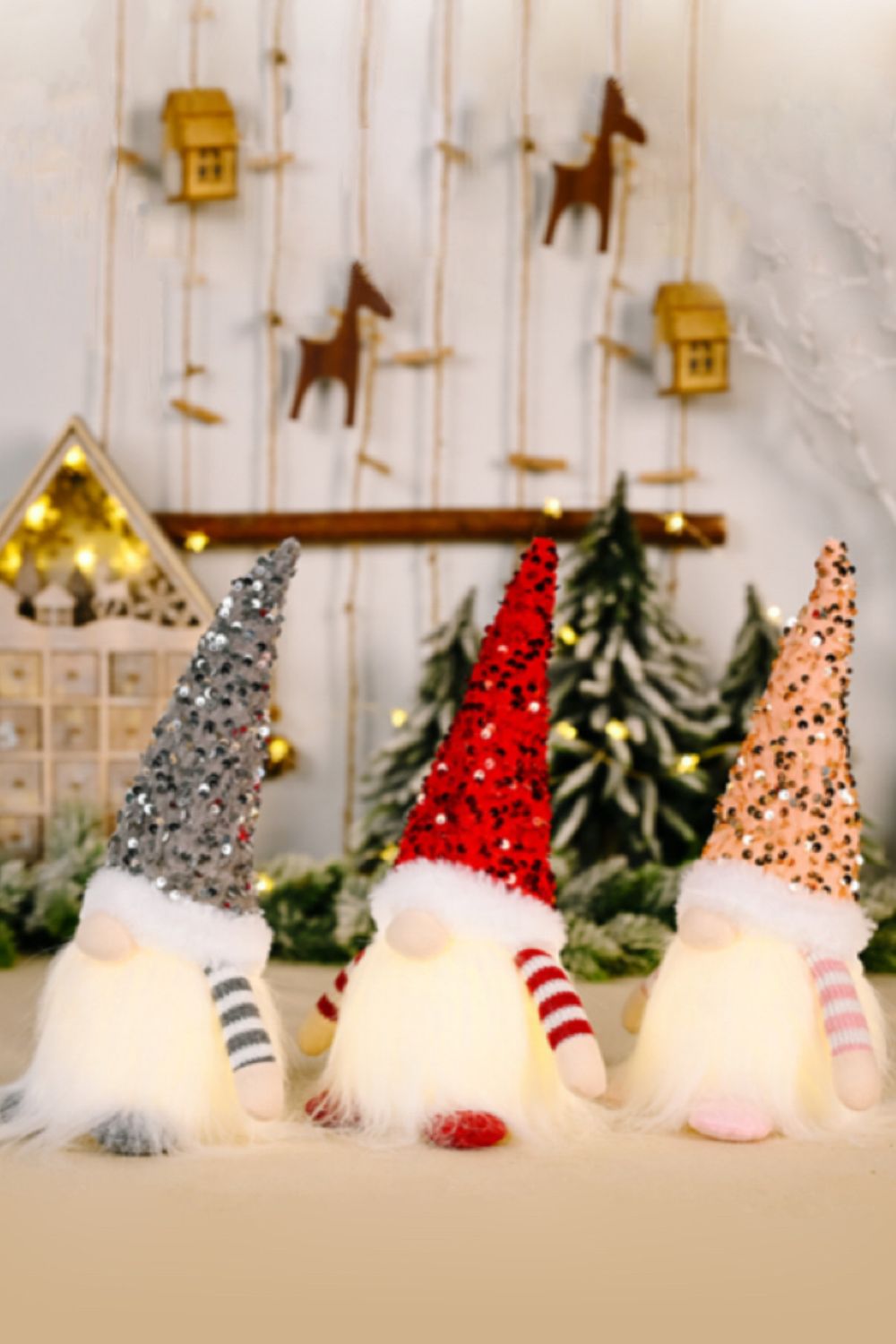 3-Pack Sequined Light-Up Christmas Gnomes