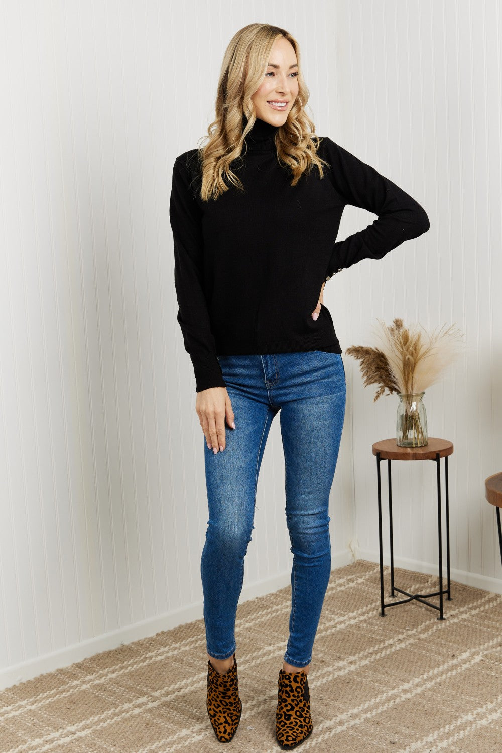 Heimish Full Size Cuff Detail Turtleneck Sweater