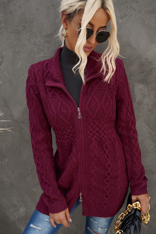 Mixed Knit Zip-Up Longline Cardigan
