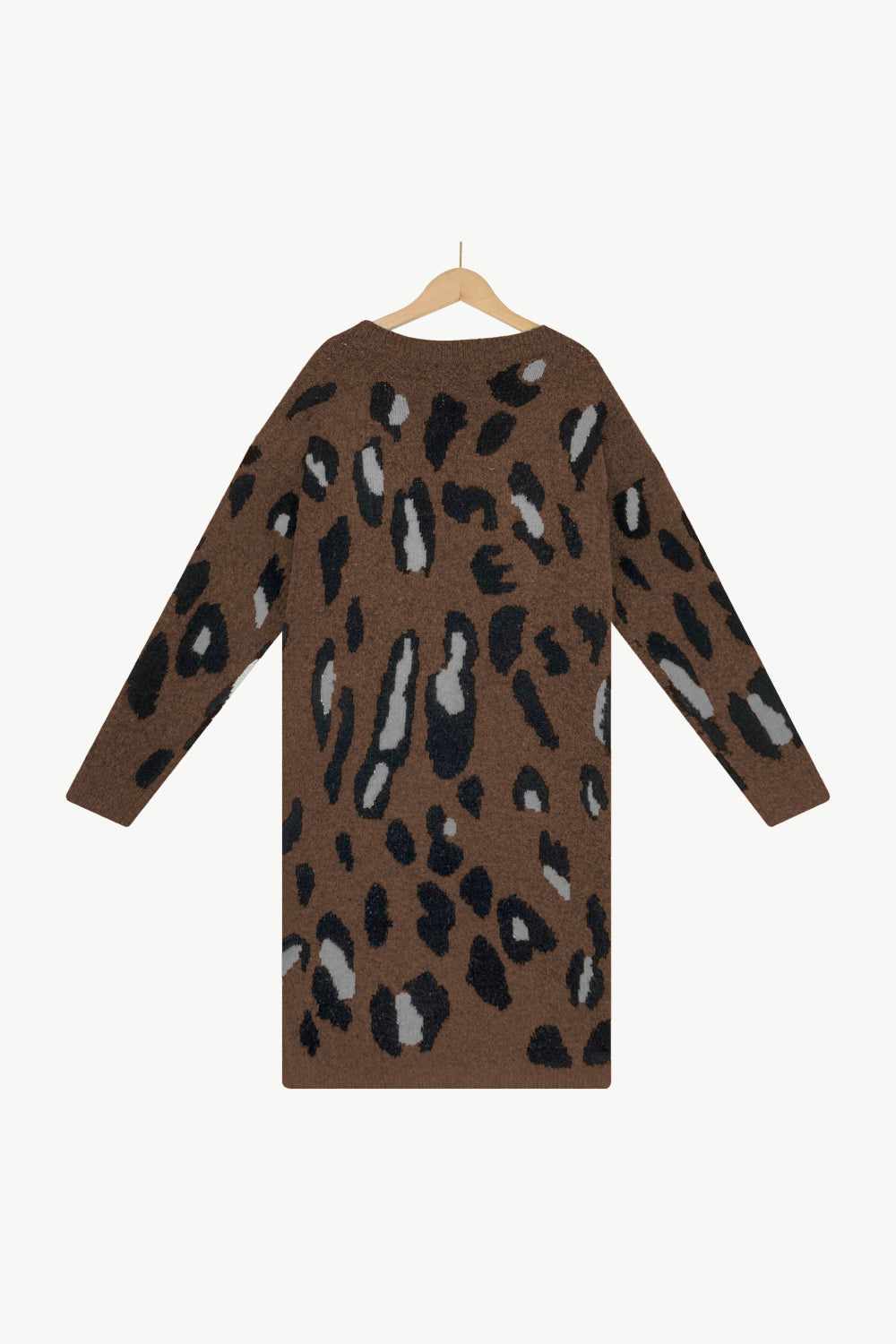 Animal Print Open Front Ribbed Trim Duster Cardigan with Pockets