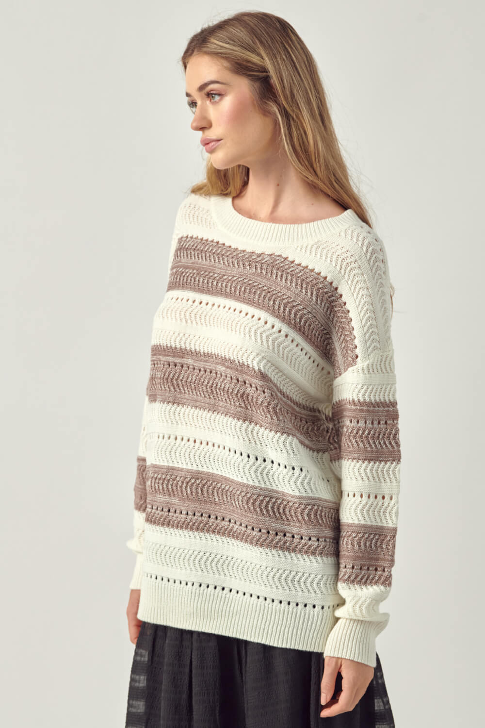 Petal Dew Striped Openwork Drop Shoulder Sweater