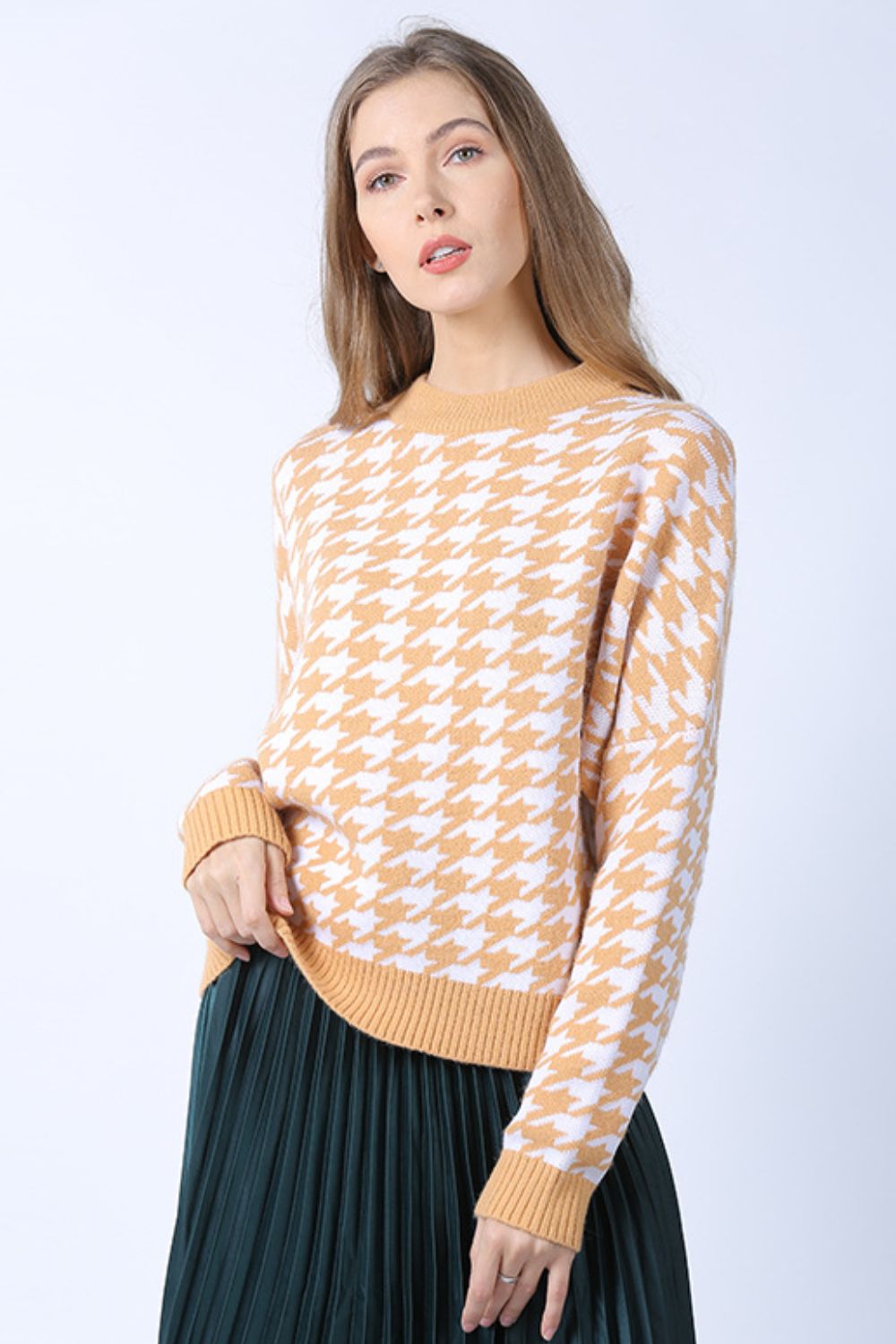 Houndstooth Dropped Shoulder Crewneck Sweater