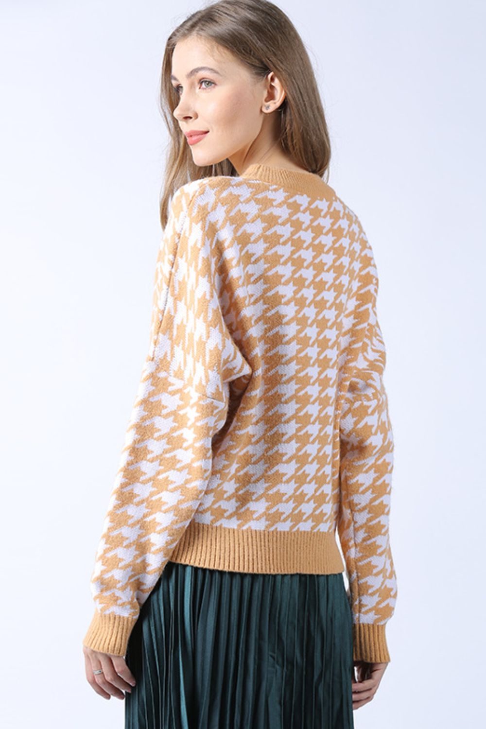 Houndstooth Dropped Shoulder Crewneck Sweater