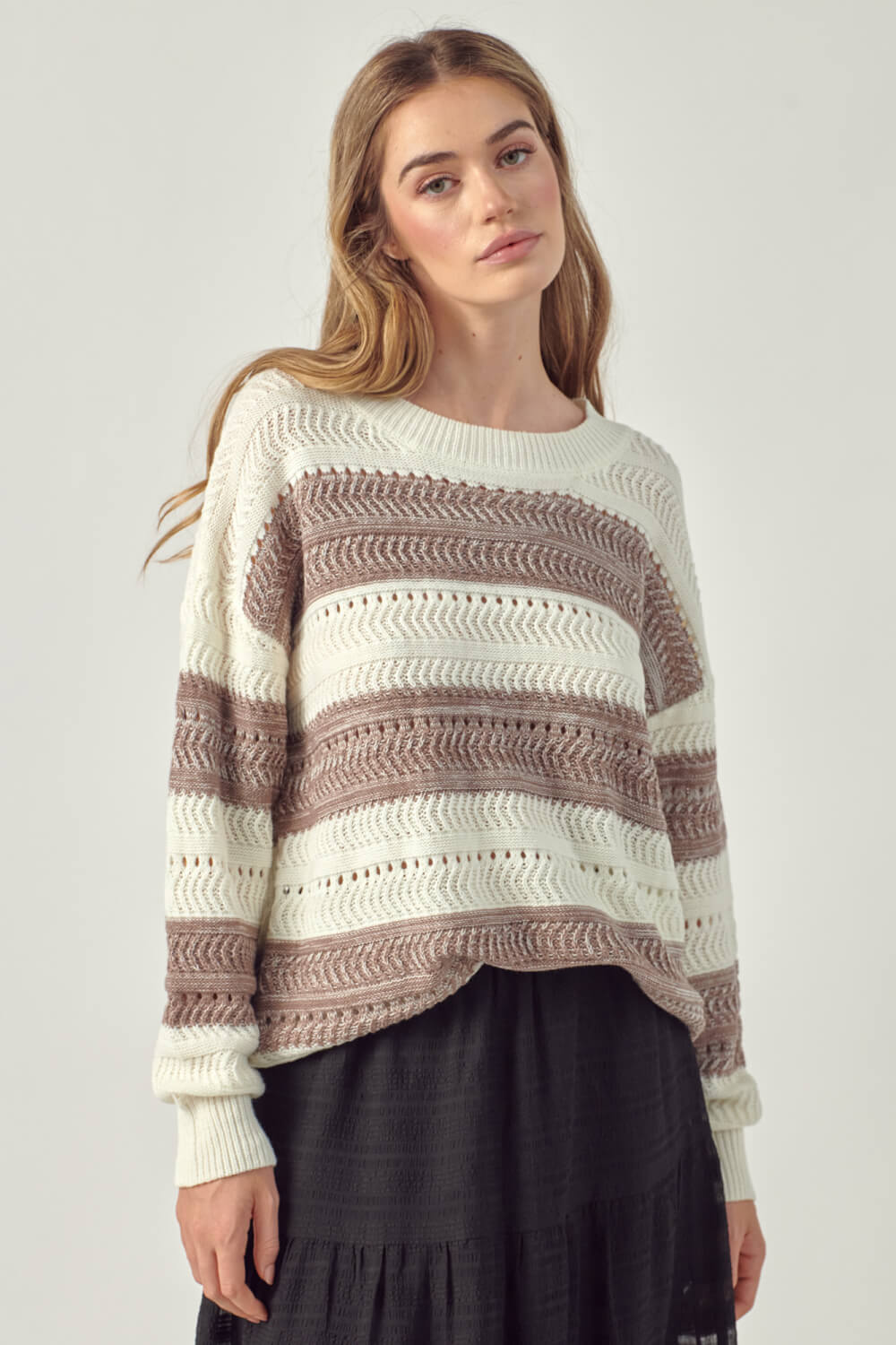 Petal Dew Striped Openwork Drop Shoulder Sweater