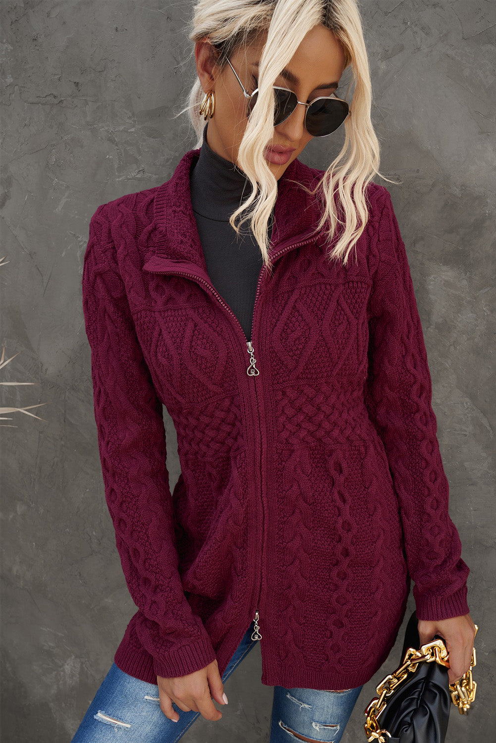 Mixed Knit Zip-Up Longline Cardigan