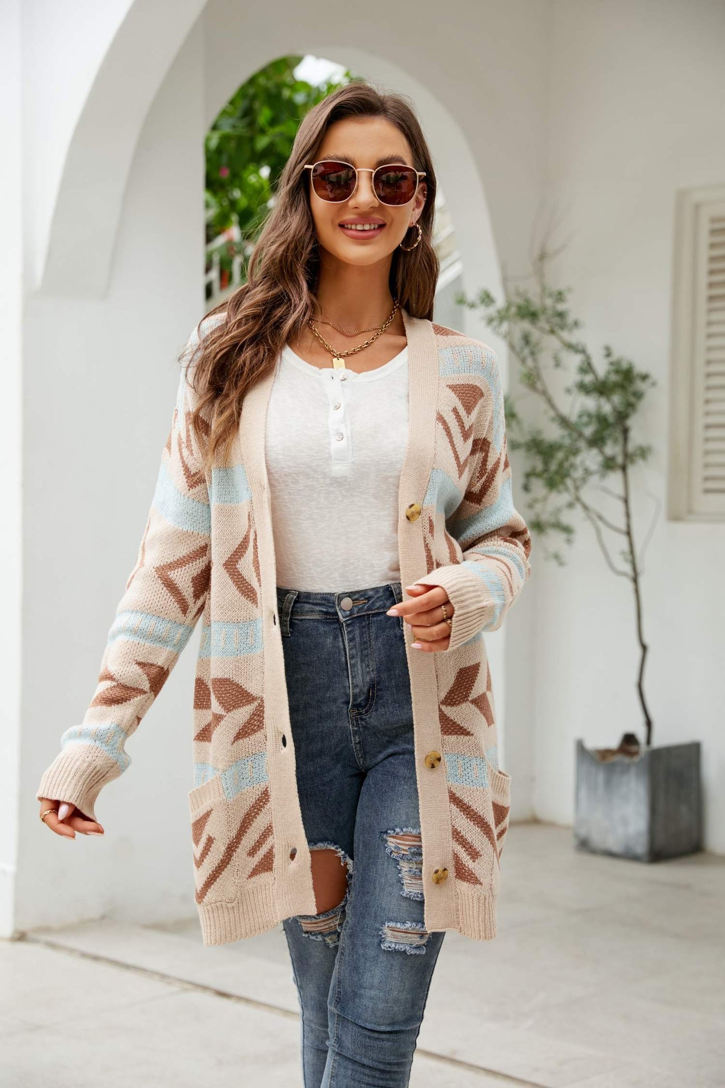 Printed Dropped Shoulder Ribbed Trim Cardigan