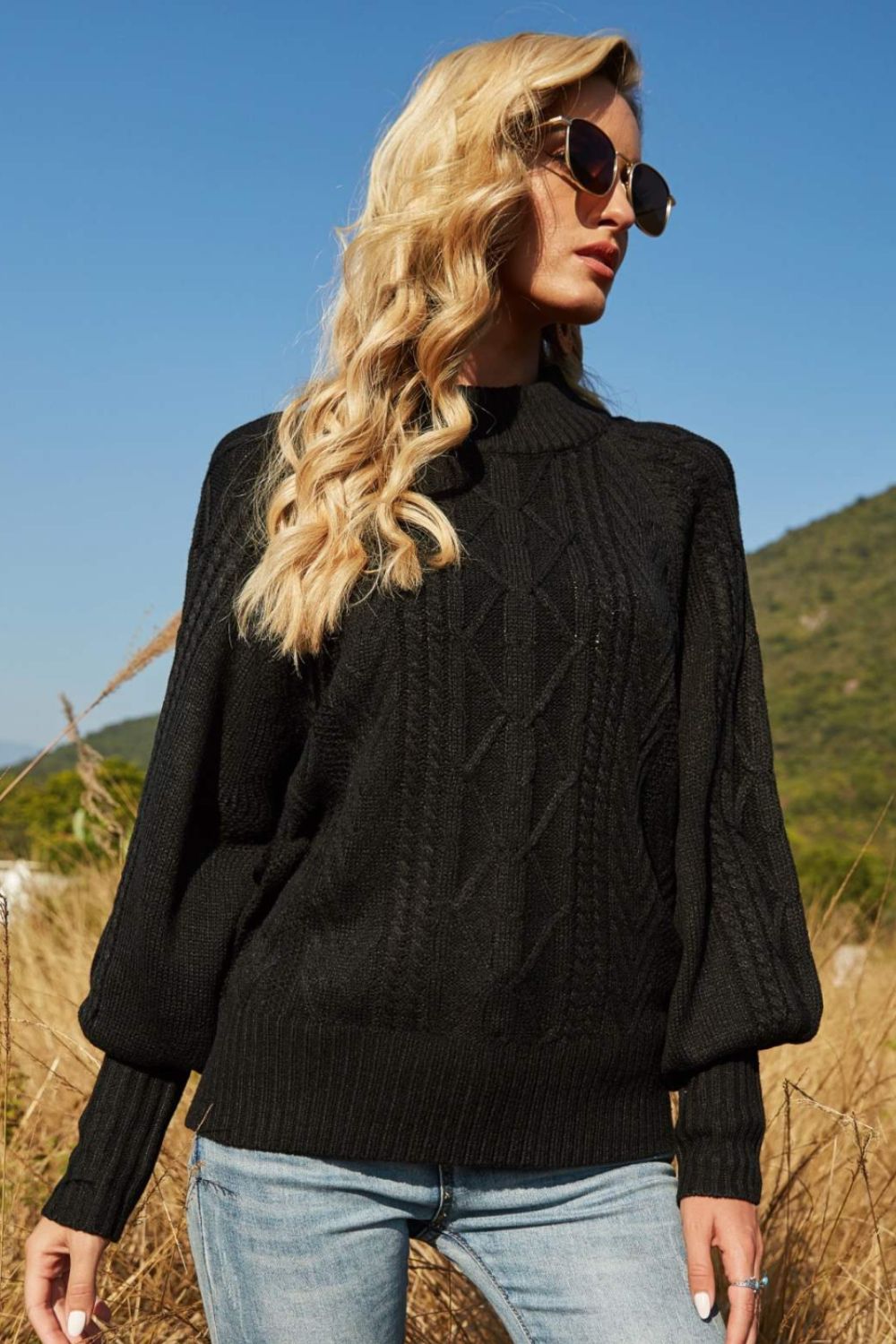 Lantern Sleeve Ribbed Trim Crewneck Sweater