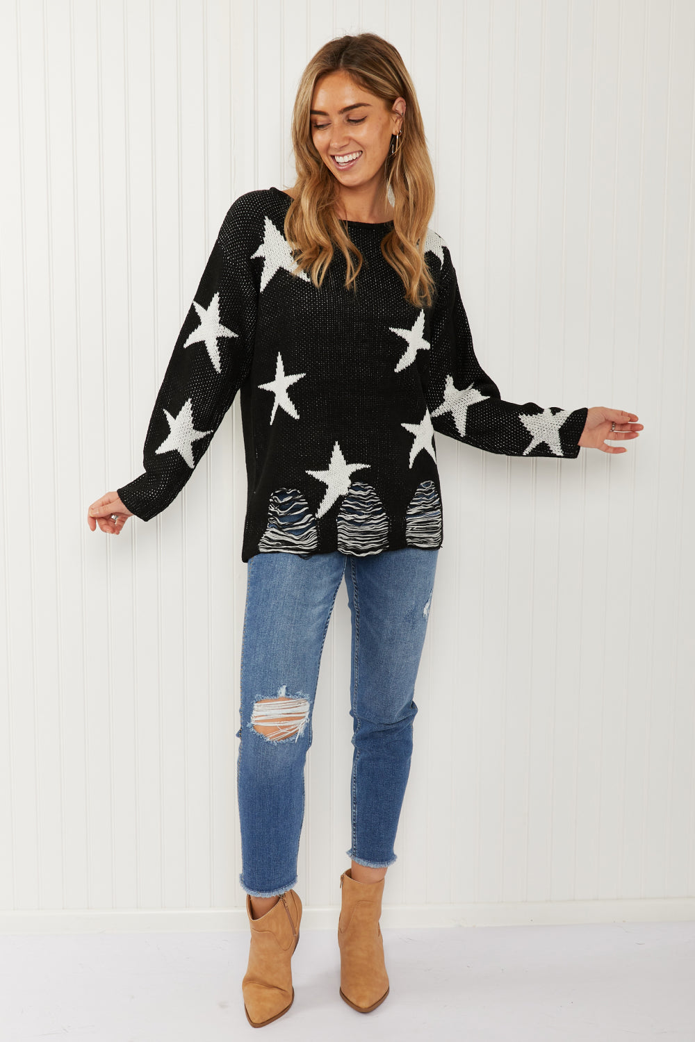 Zenana Starry Night Star Print Distressed Sweater