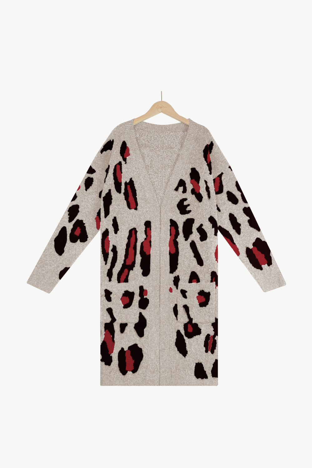 Animal Print Open Front Ribbed Trim Duster Cardigan with Pockets