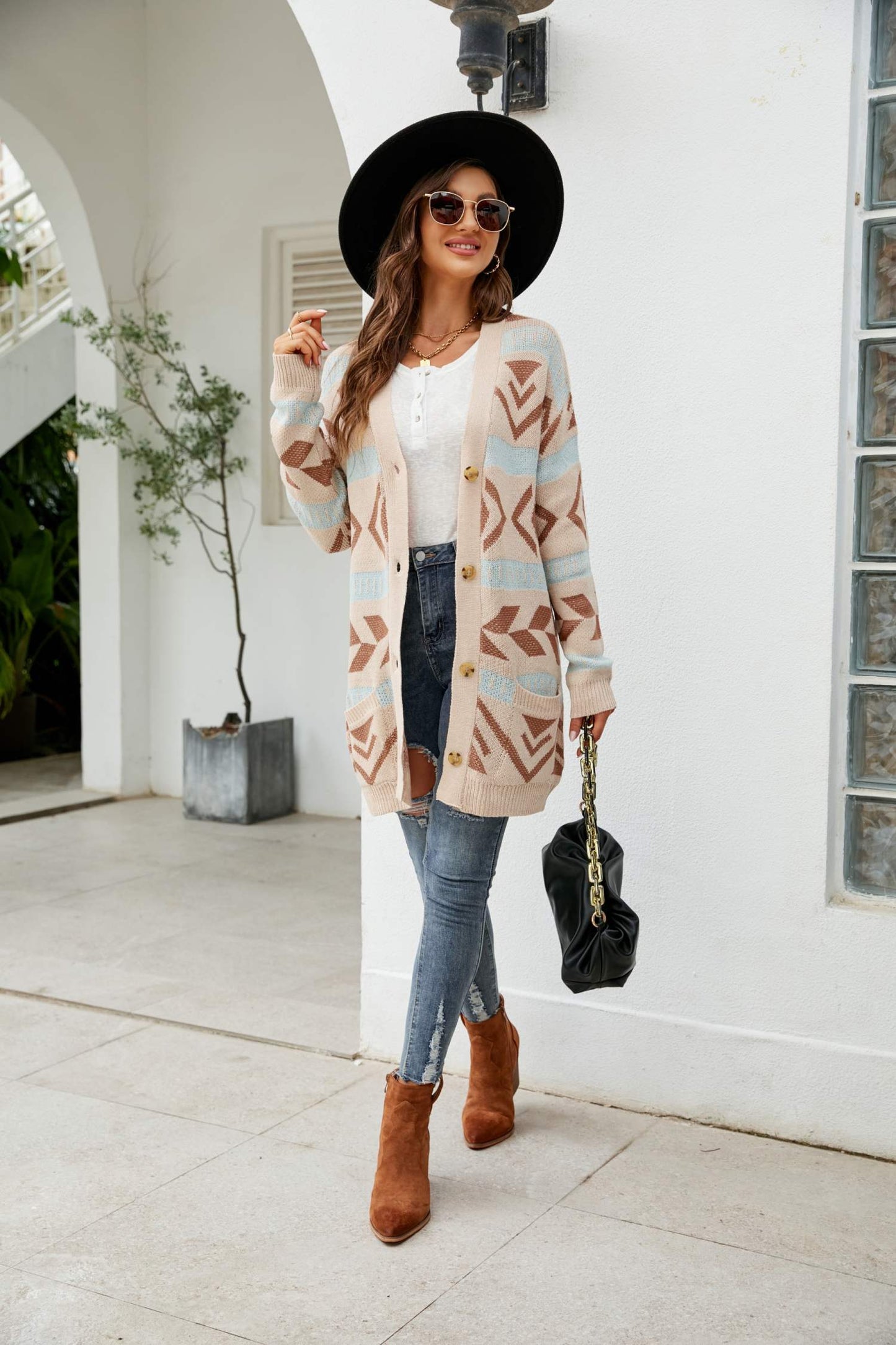 Printed Dropped Shoulder Ribbed Trim Cardigan