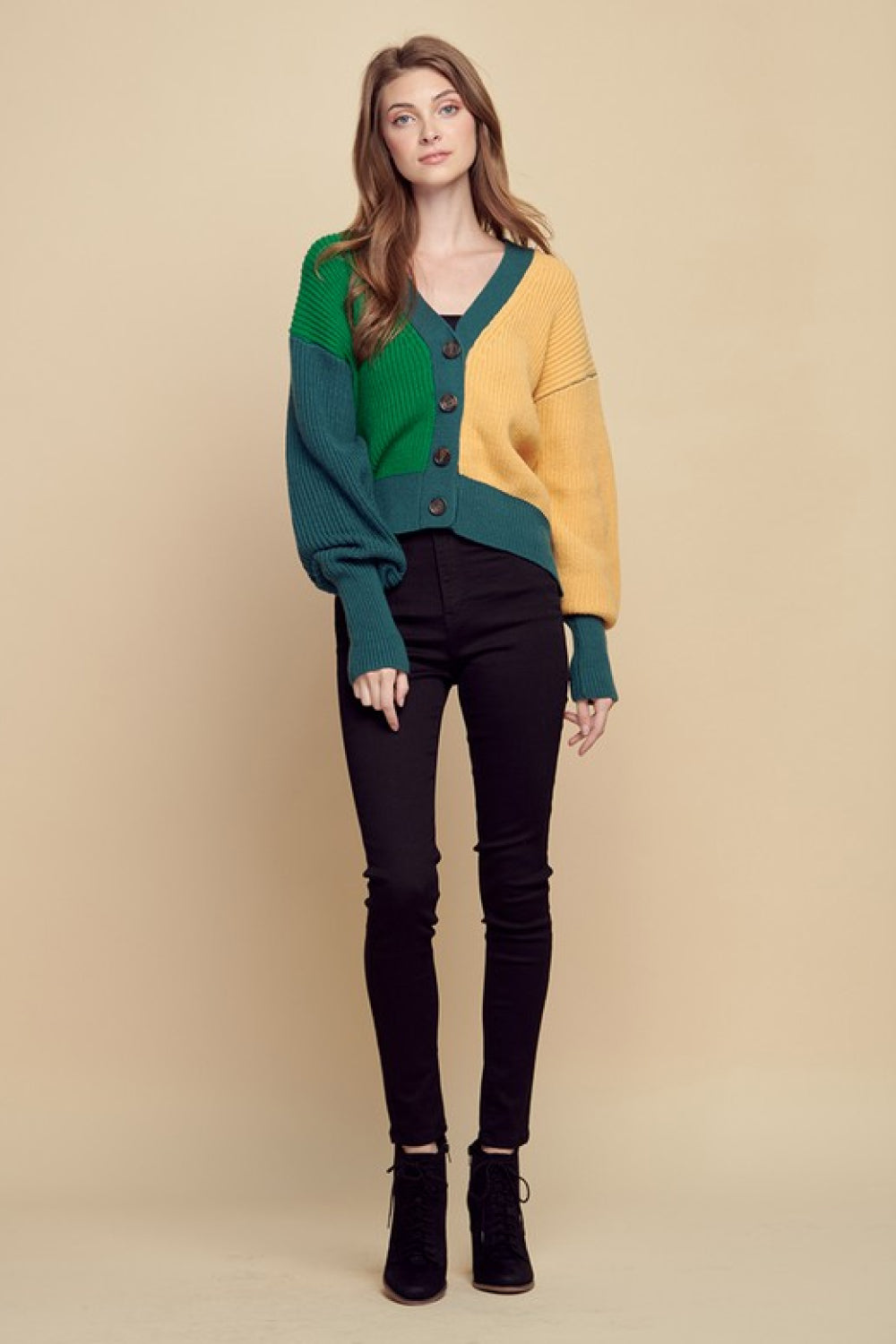 Petal Dew Color Block Ribbed Lantern Sleeve Cardigan