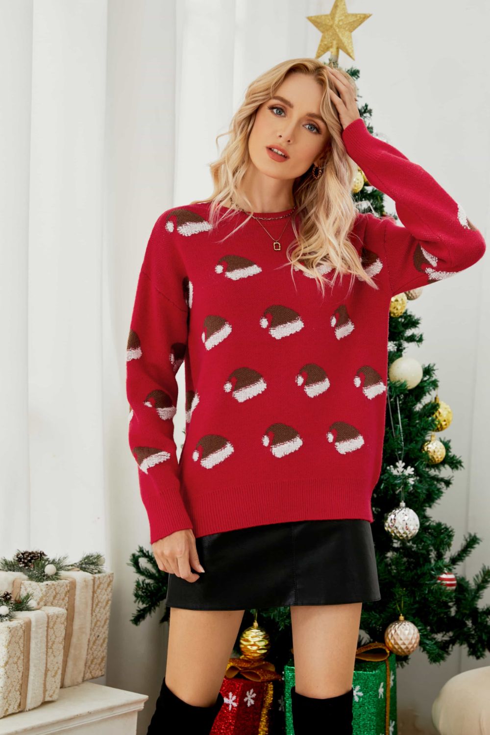Christmas Hat Round Neck Dropped Shoulder Sweater