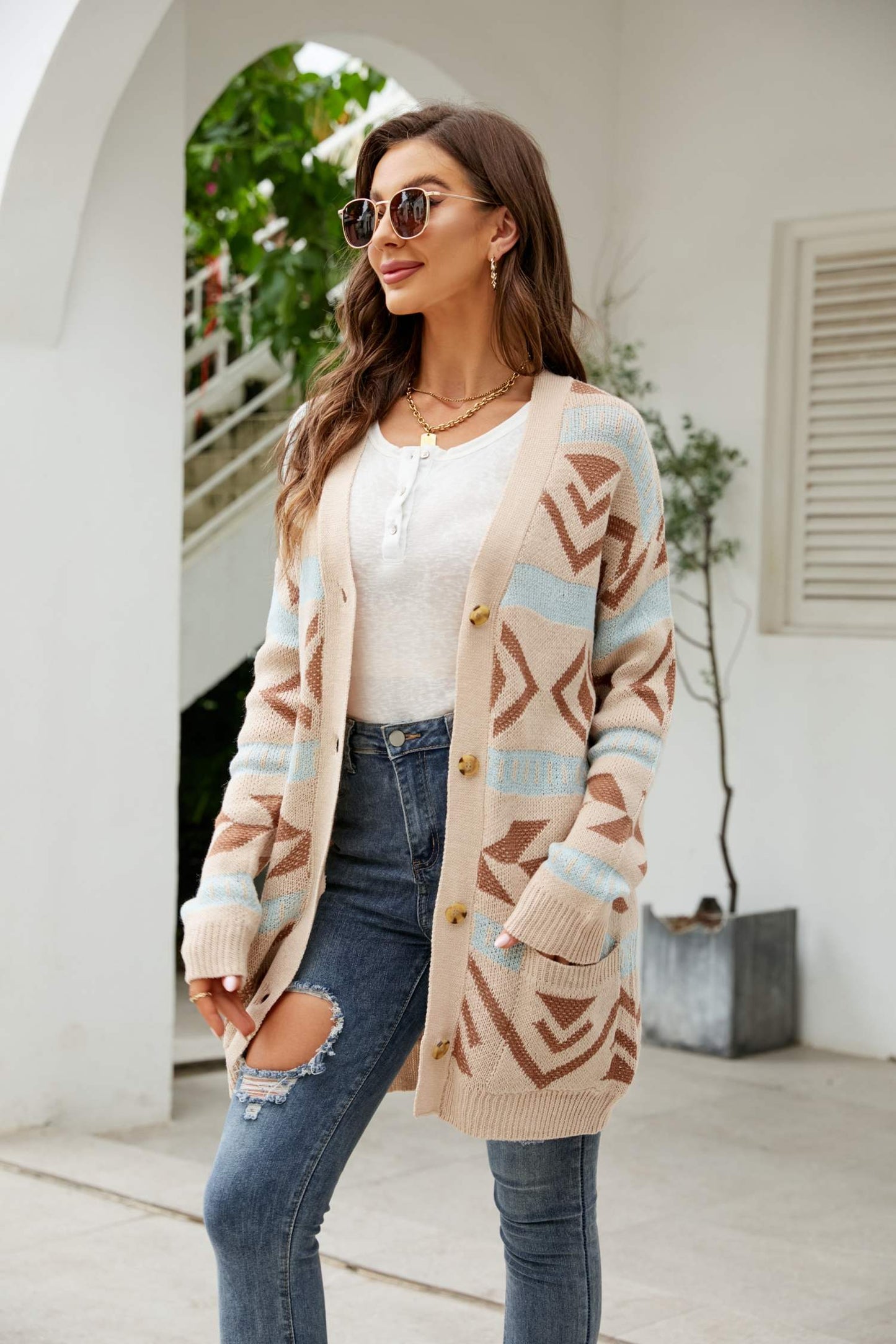 Printed Dropped Shoulder Ribbed Trim Cardigan