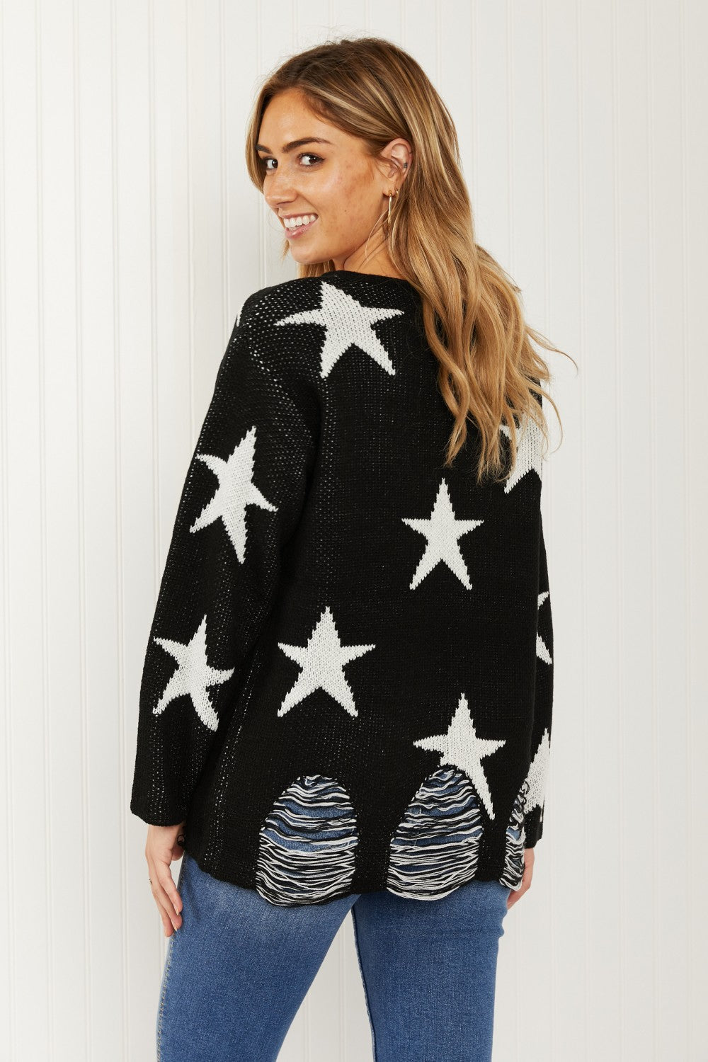 Zenana Starry Night Star Print Distressed Sweater