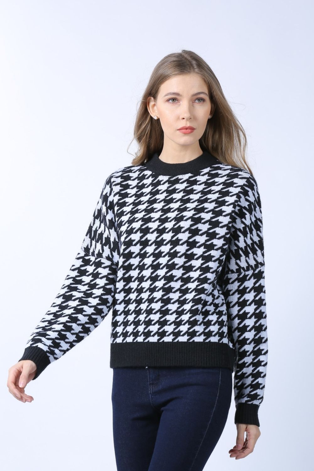 Houndstooth Dropped Shoulder Crewneck Sweater