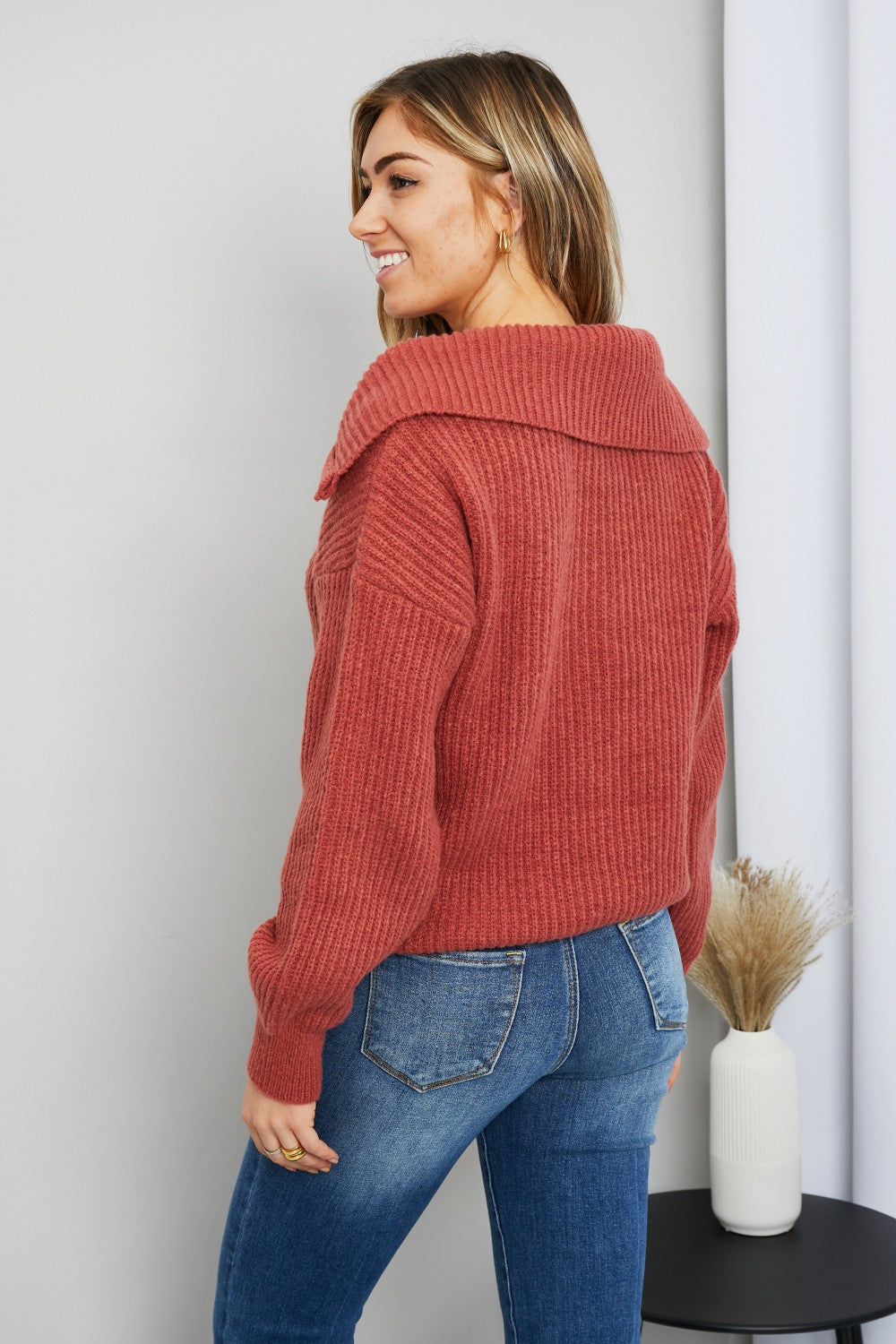 Very J Quarter-Zip Rib-Knit Collared Sweater