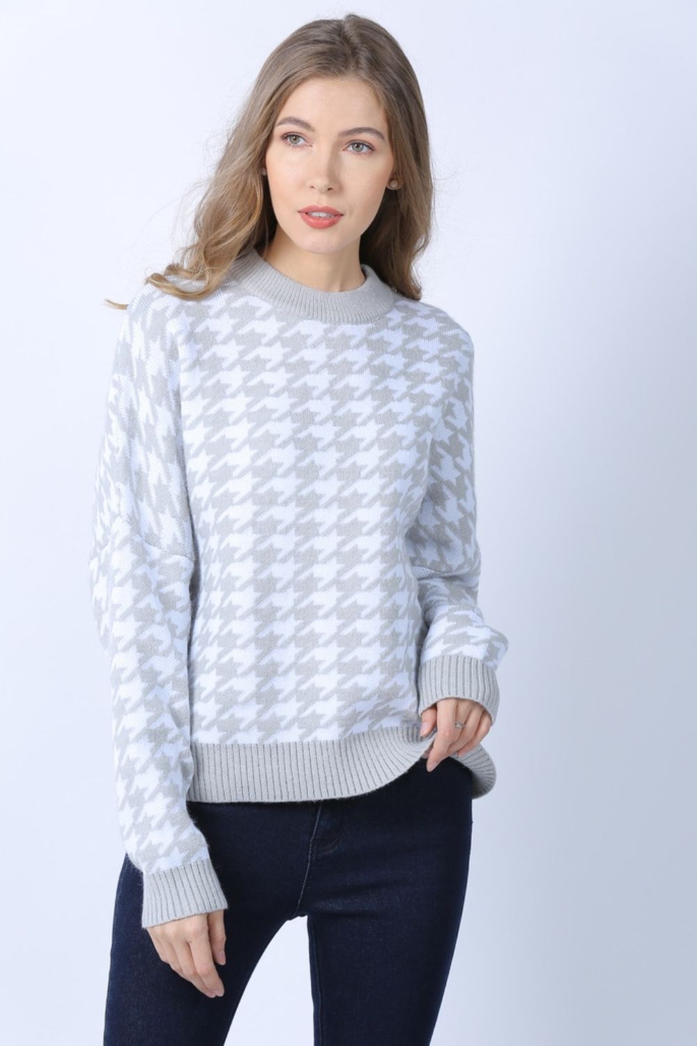 Houndstooth Dropped Shoulder Crewneck Sweater