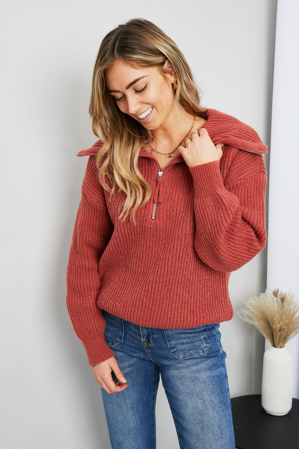 Very J Quarter-Zip Rib-Knit Collared Sweater