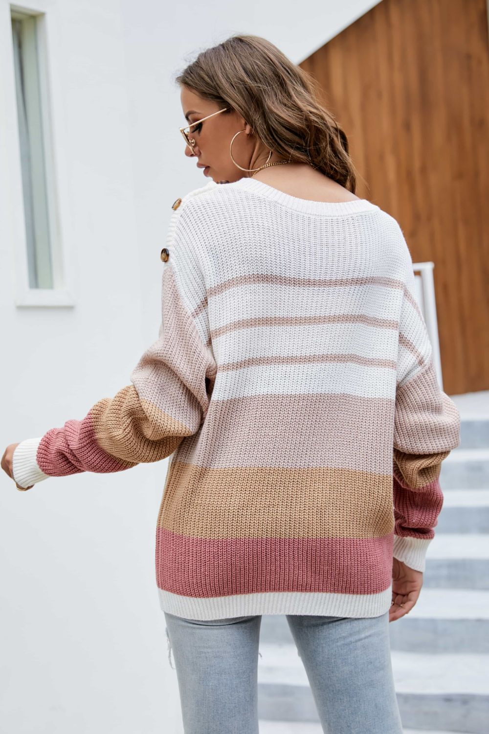 Striped Buttoned Raglan Sleeve Round Neck Sweater