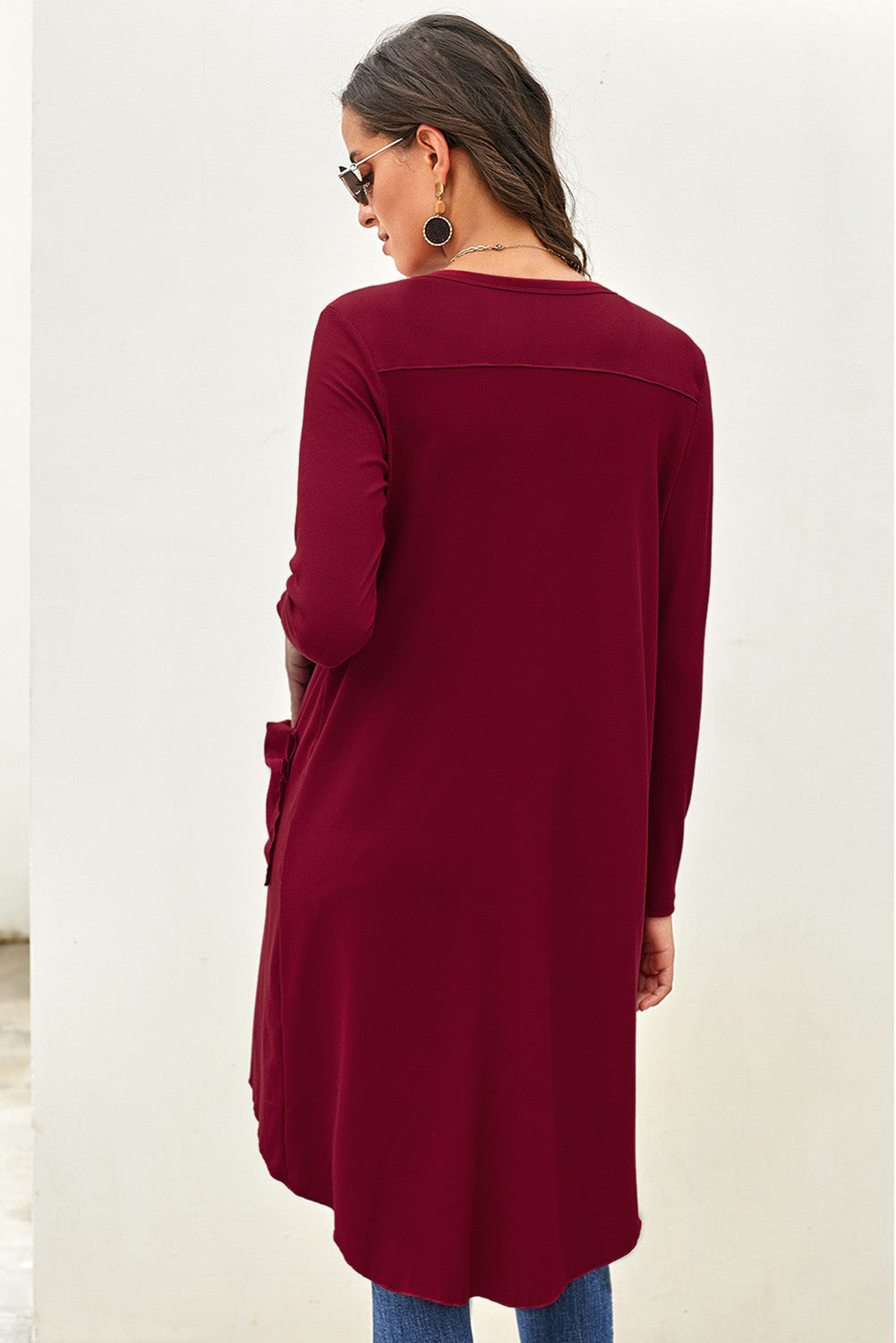 V-Neck High-Low Cardigan with Pockets
