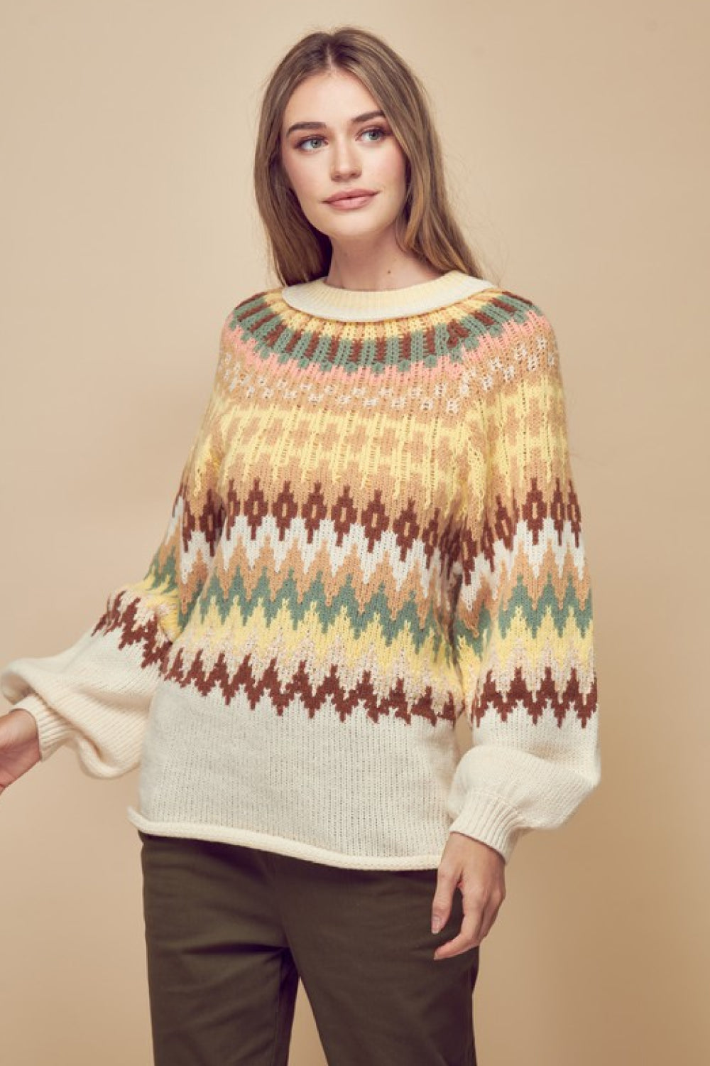Petal Dew Multicolored Rolled Hem Balloon Sleeve Sweater