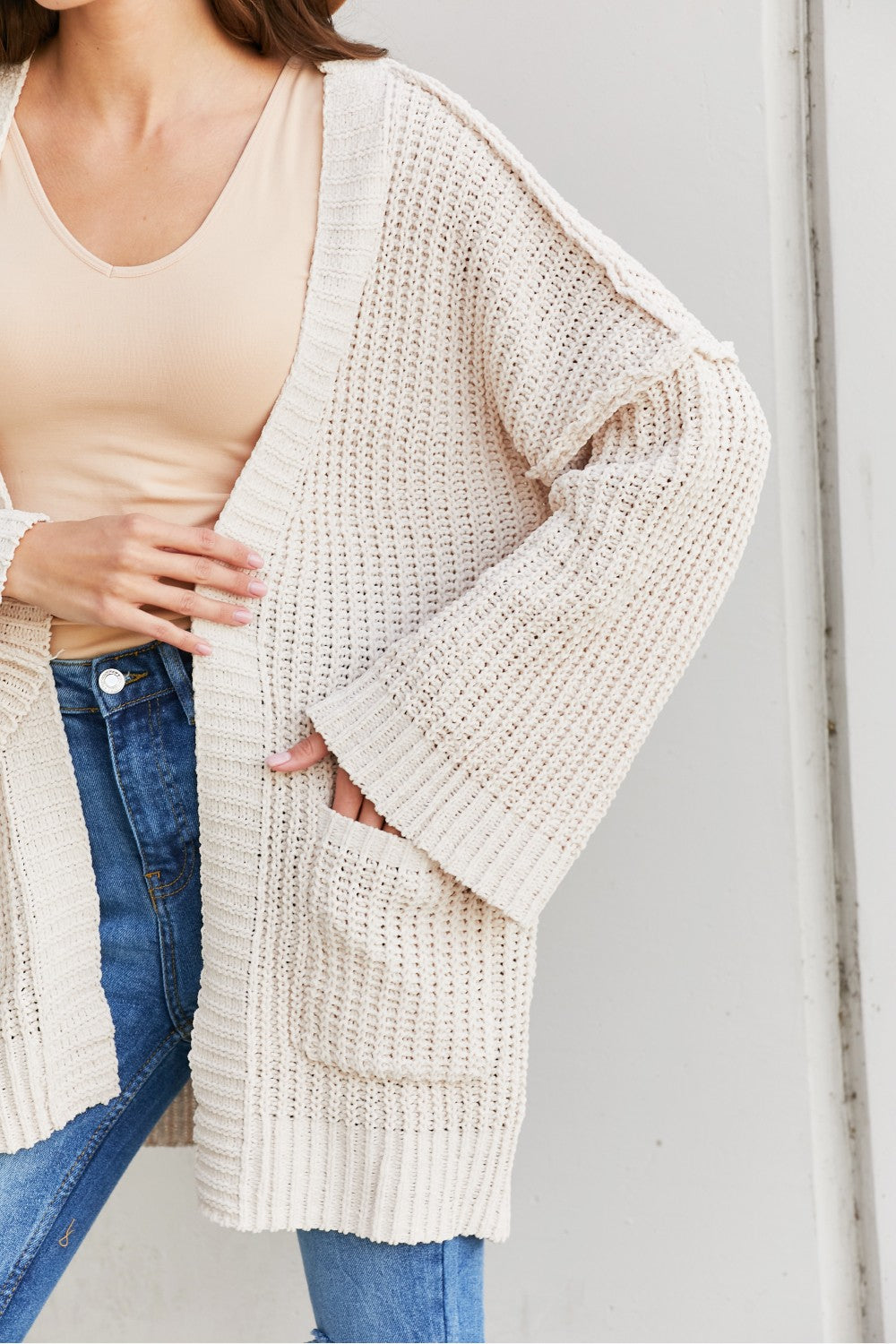 Very J Exposed Seam Flare Sleeve Open Front Cardigan