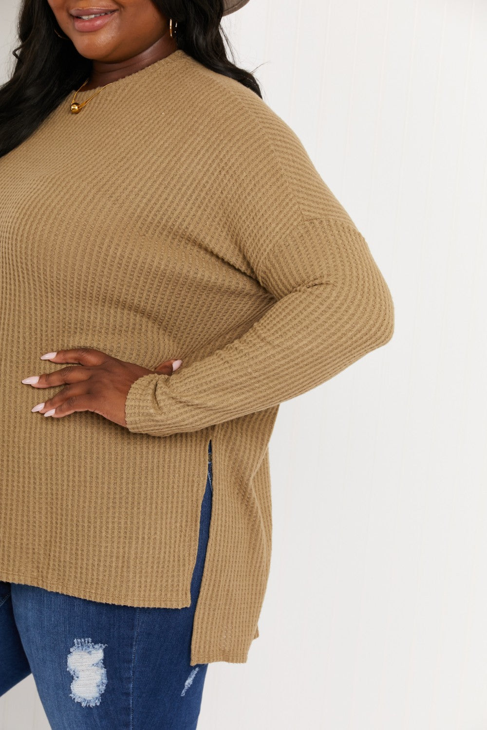Zenana Cottage Escape Full Size Slit Waffle Knit Sweater