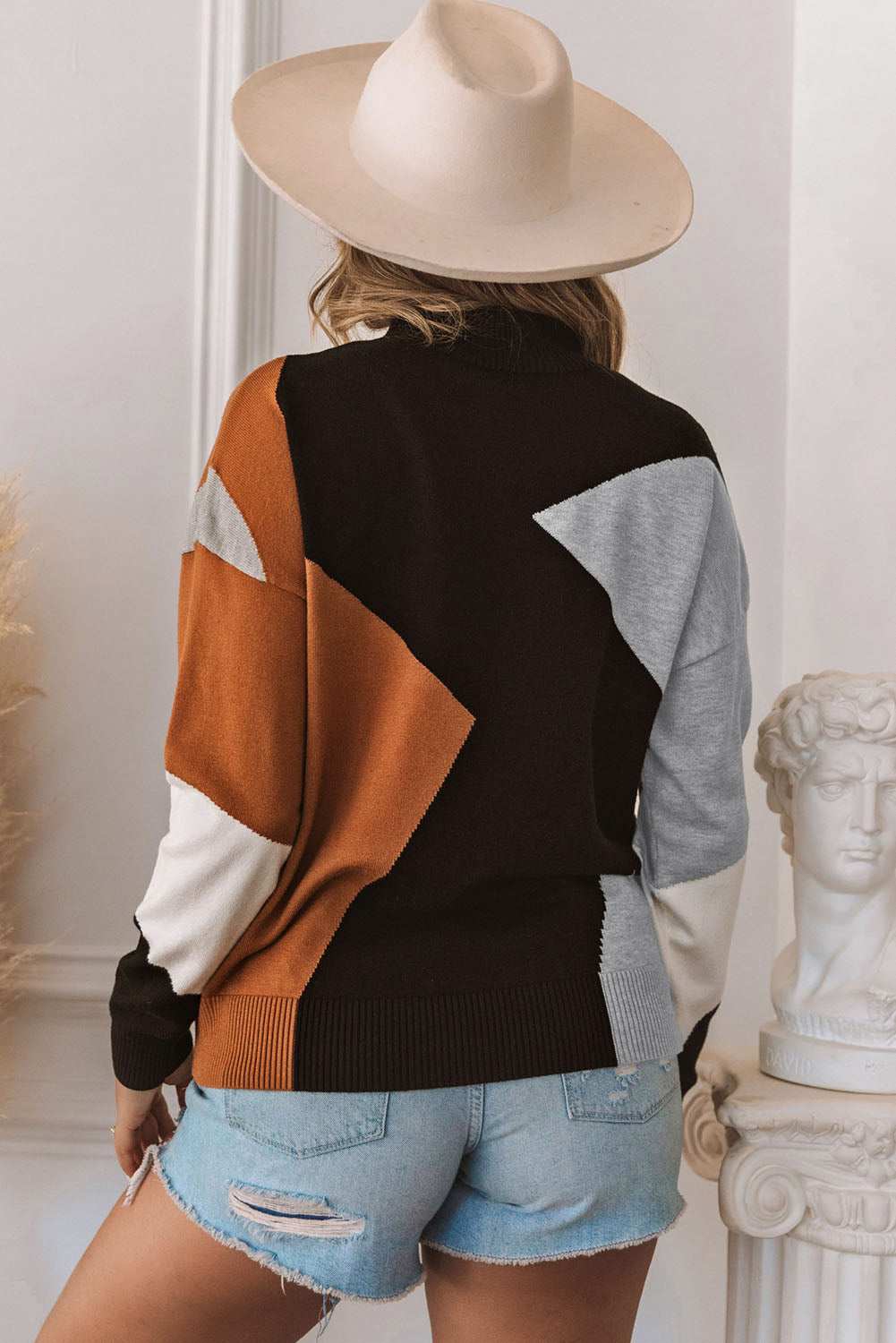 Color Block Mock Neck Drop Shoulder Sweater