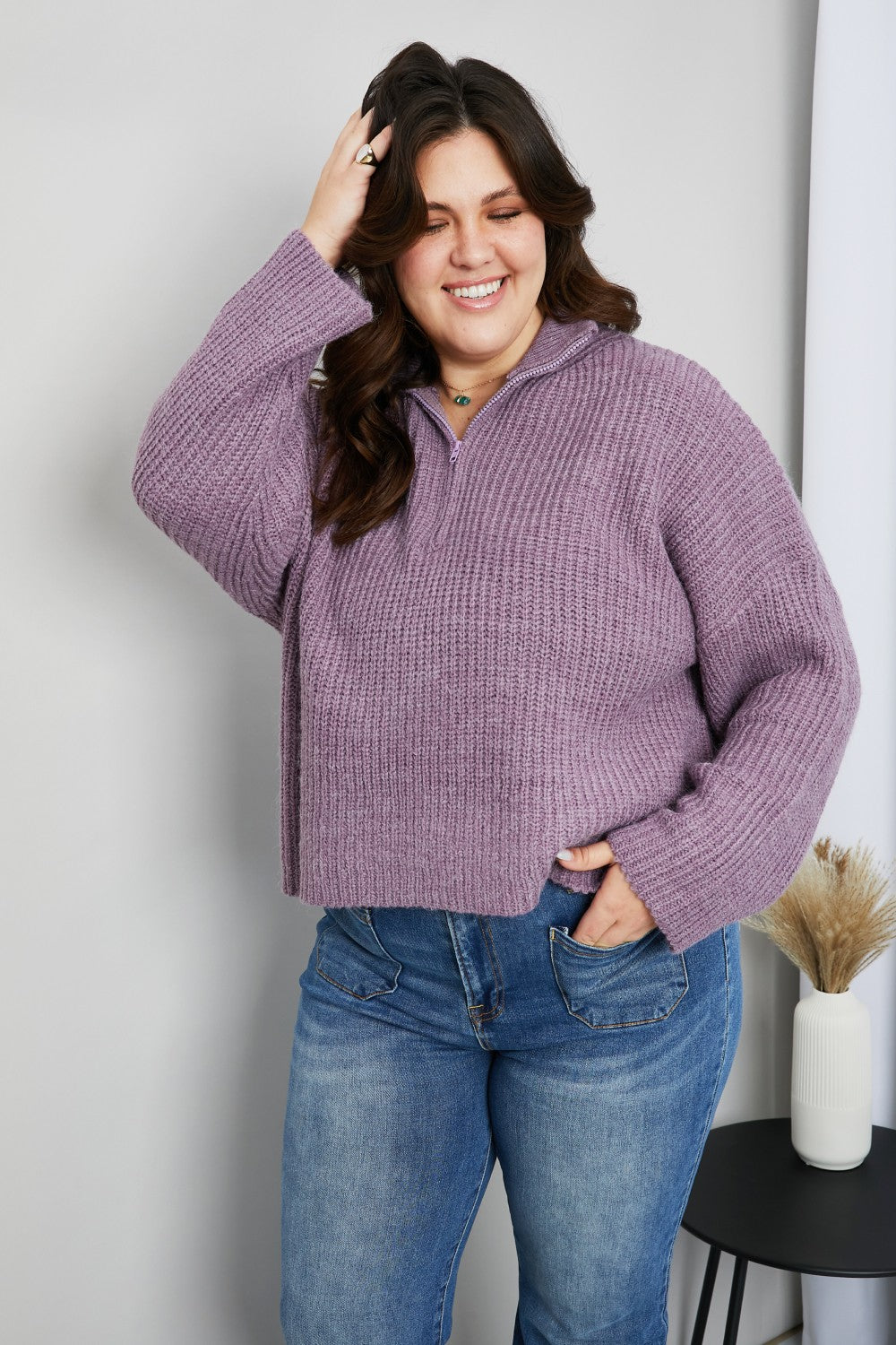 Sew In Love Full Size Quarter-Zip Collared Drop Shoulder Sweater