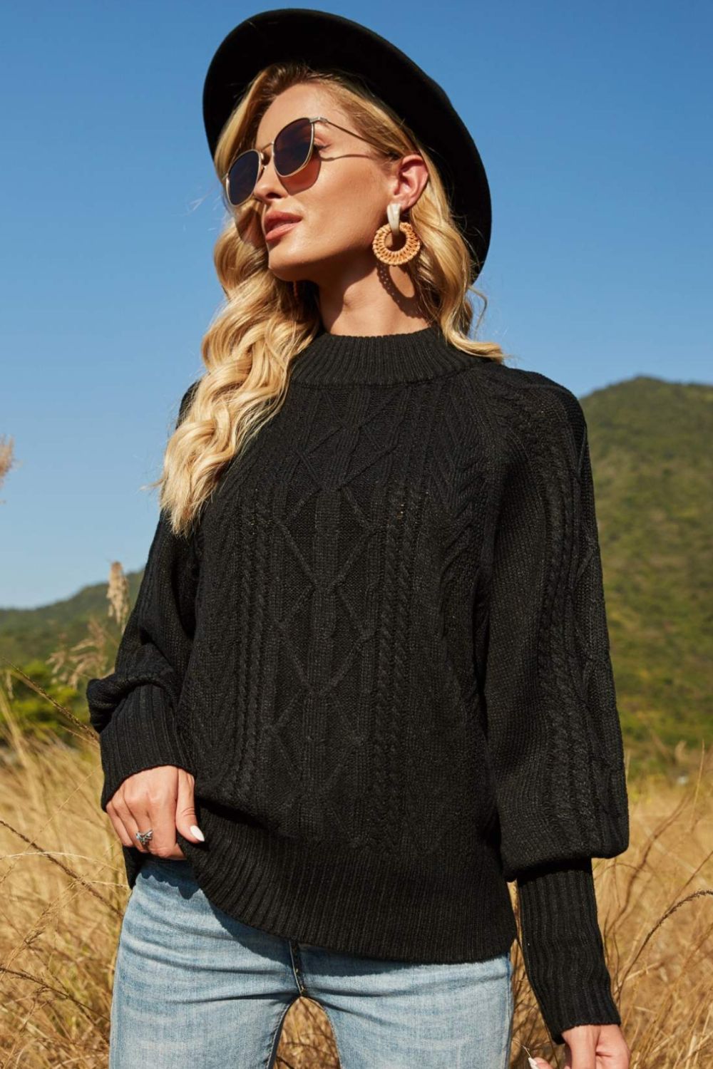 Lantern Sleeve Ribbed Trim Crewneck Sweater