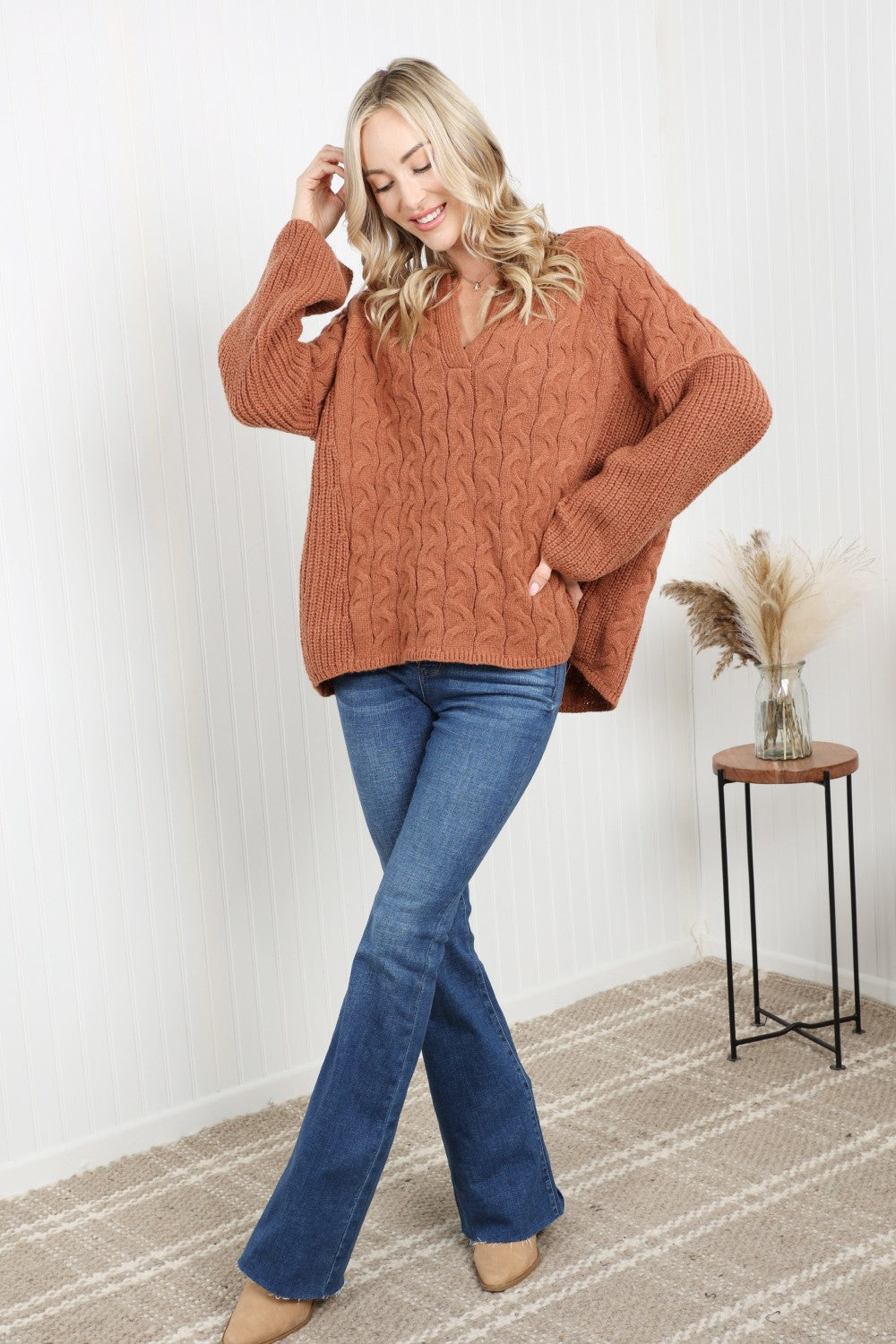 Petal Dew Cable-Knit Notched Sweater