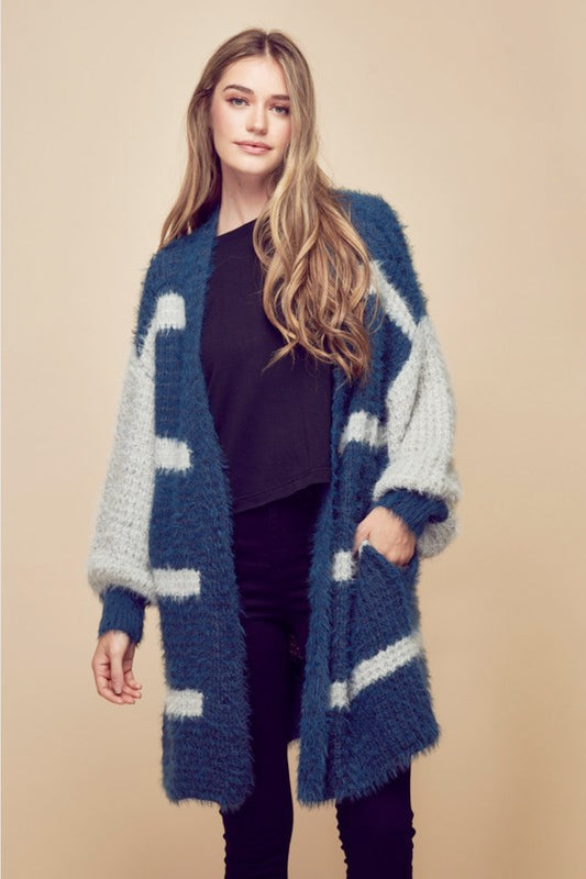 Petal Dew Striped Balloon Sleeve Open Front Fluffy Cardigan
